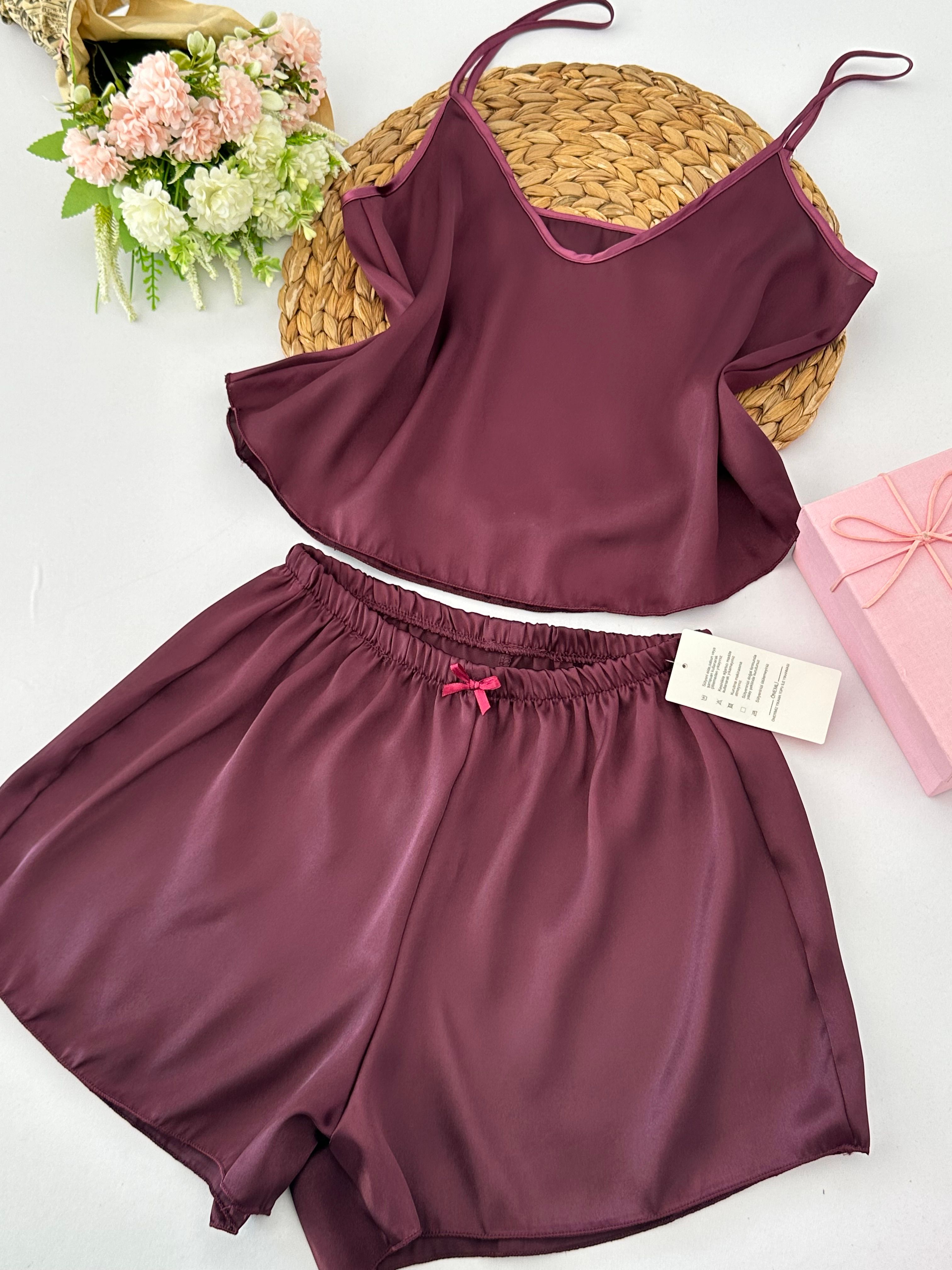 Mürdüm Saten Kadın Pijama Takımı
