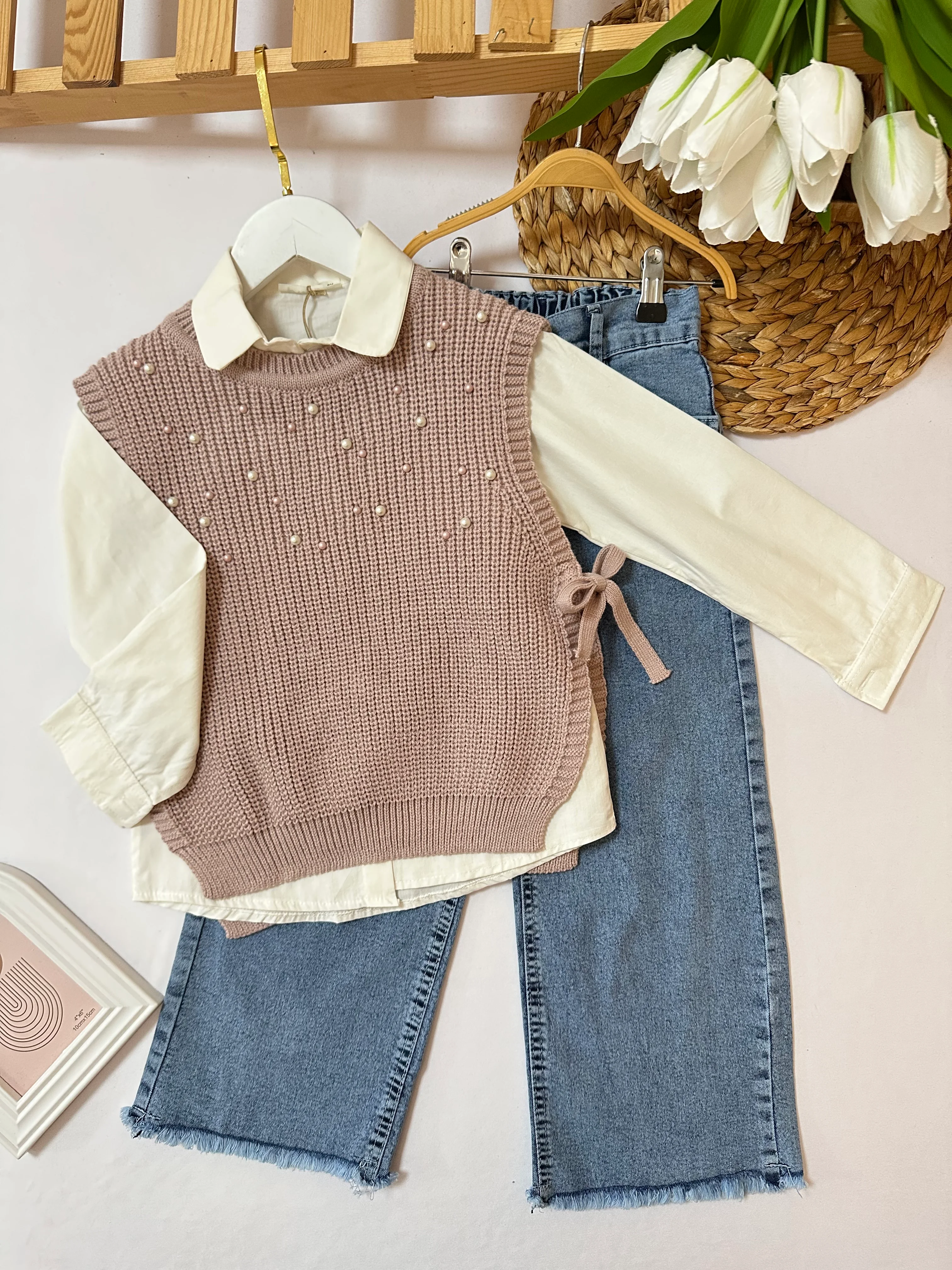 Kız Çocuk Pudra  İnci Trikolu 3'lü Takım