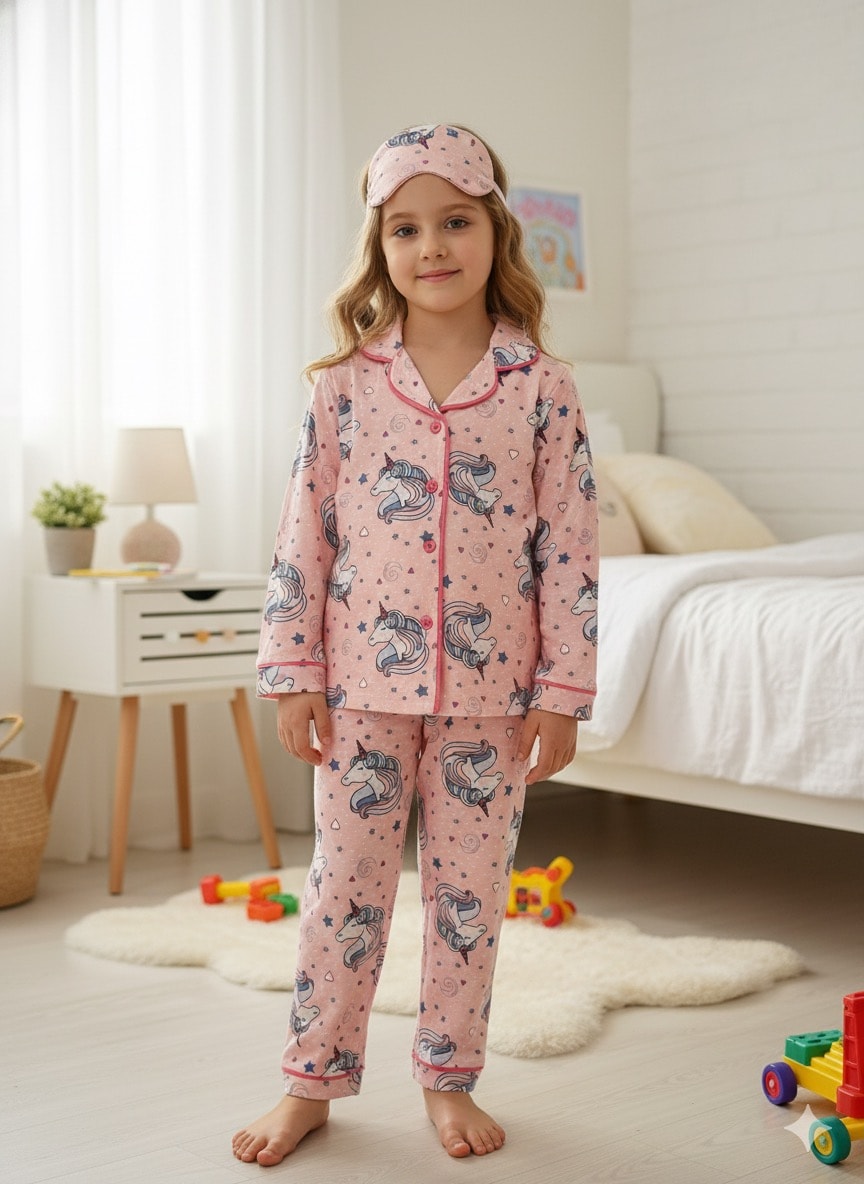 Kız Çocuk Pembe Unicorn Uyku Bandı Hediyeli Pijama Takımı