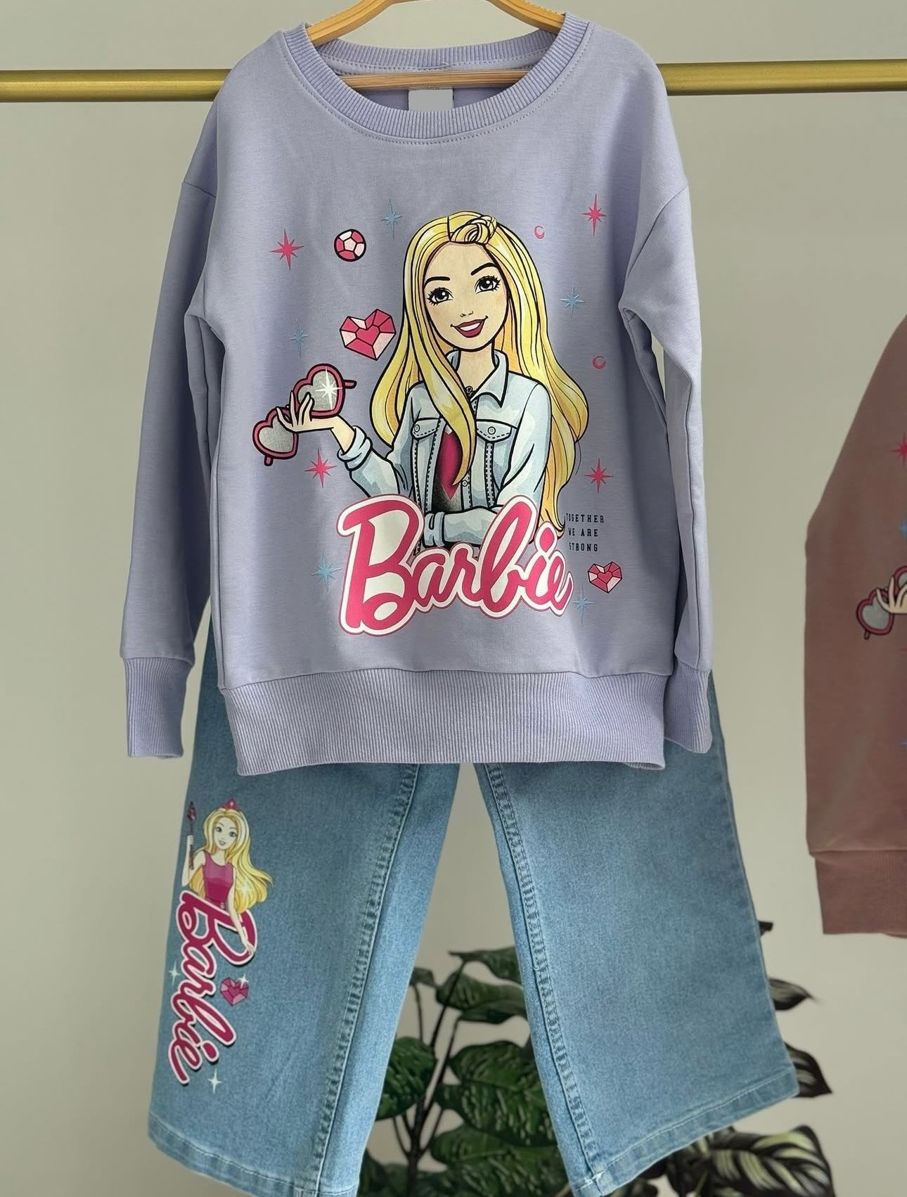 Kız Çocuk Lila Barbie Kot Pantolon Sweat 2’li Takım 