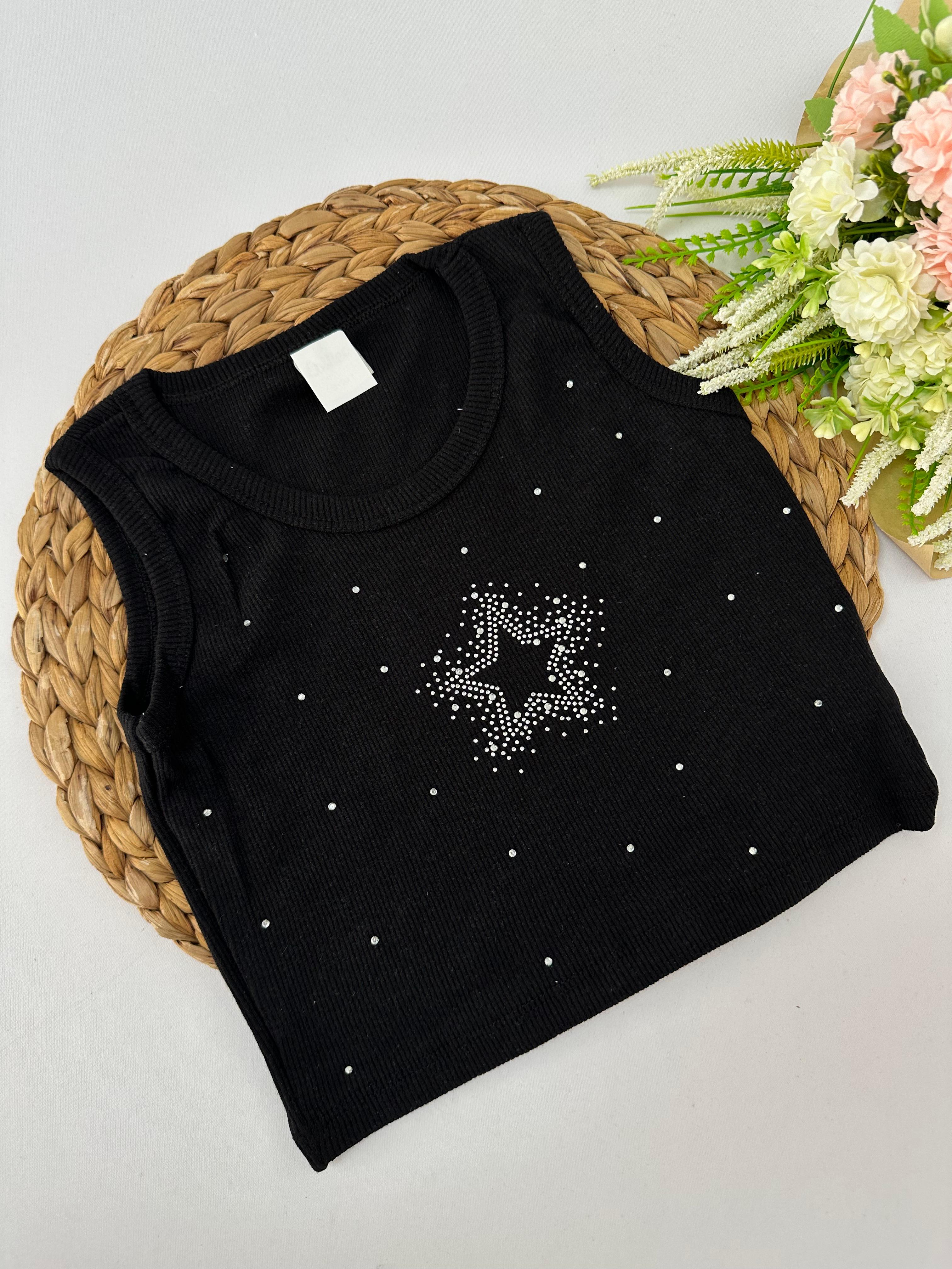 Kız Çocuk Siyah Taşlı Yıldızlı Crop