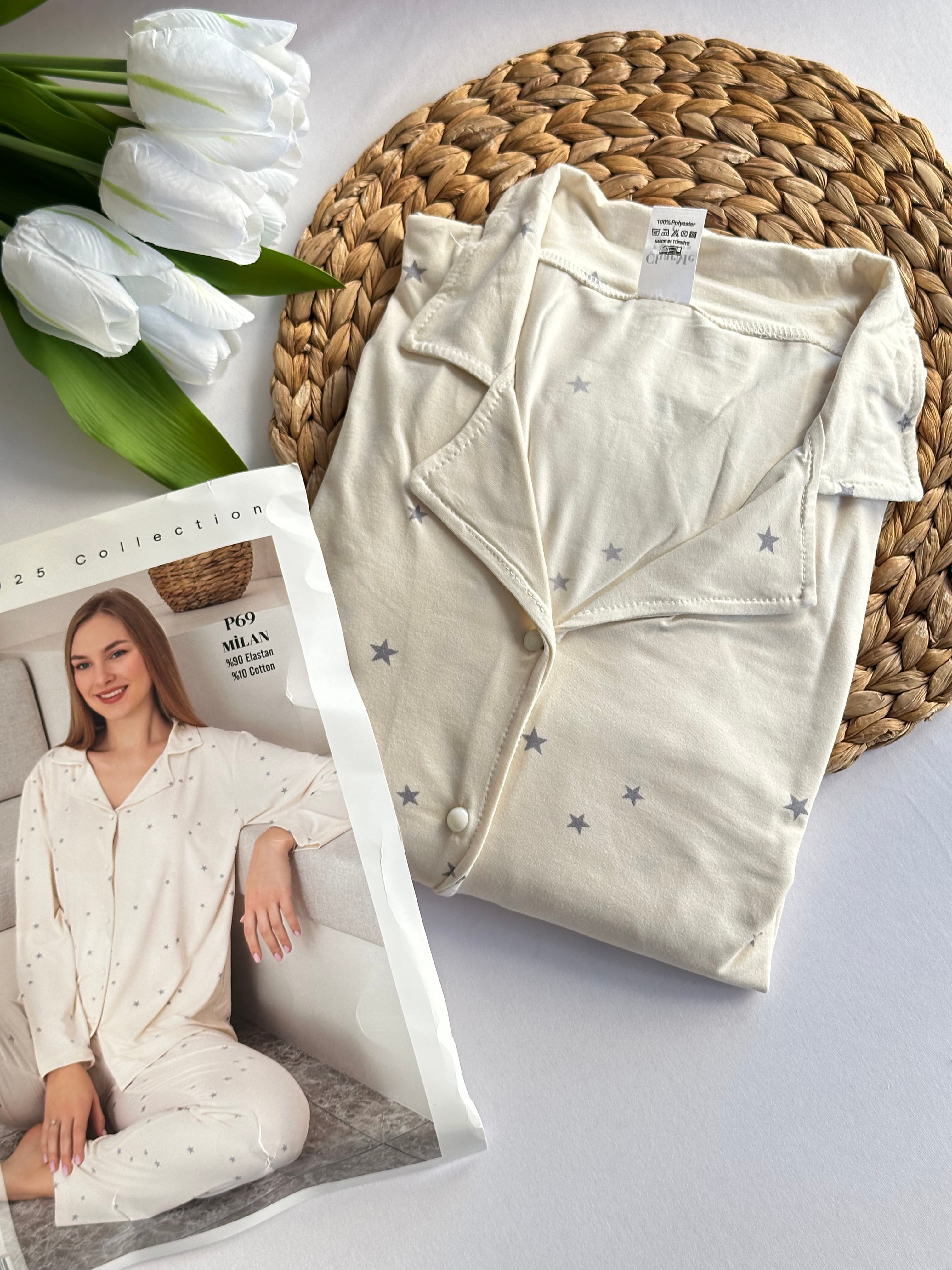 Ekru Yıldız Desenli Kadın Pijama Takımı 