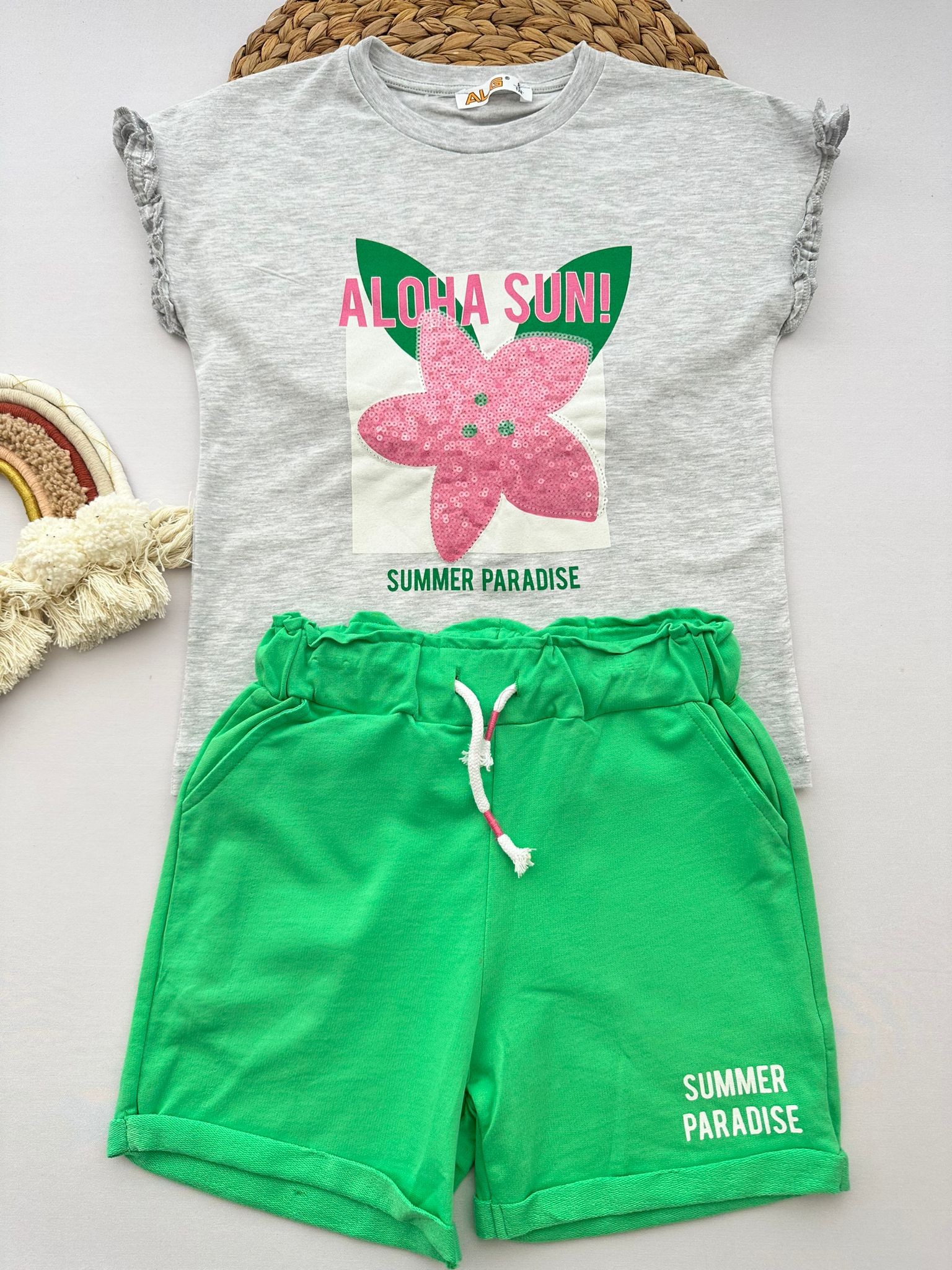 Kız Çocuk Yeşil-Gri Yıldız Pullu 2'Li Şortlu Takım