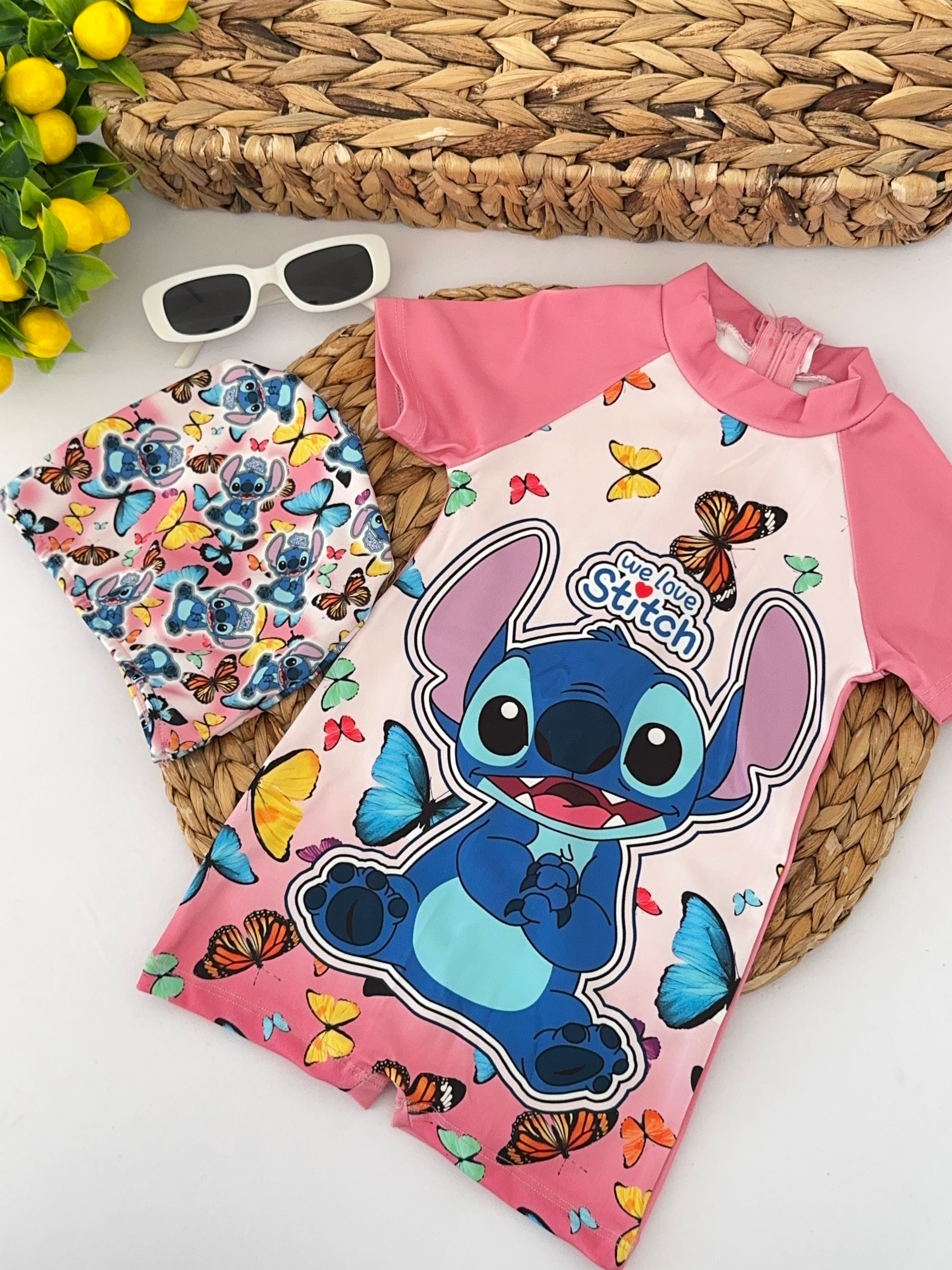 Kız Çocuk Pembe Stitch Boneli Mayo