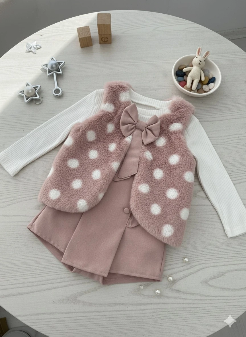 Kız Çocuk Pembe Peluş Yelek Şort Etekli Takım