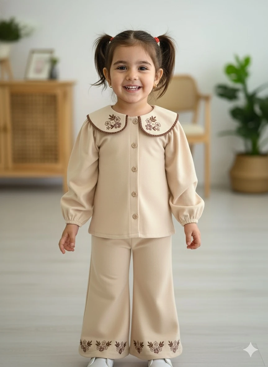 Kız Çocuk Bej Bebe Yaka Çiçek Nakışlı Takım