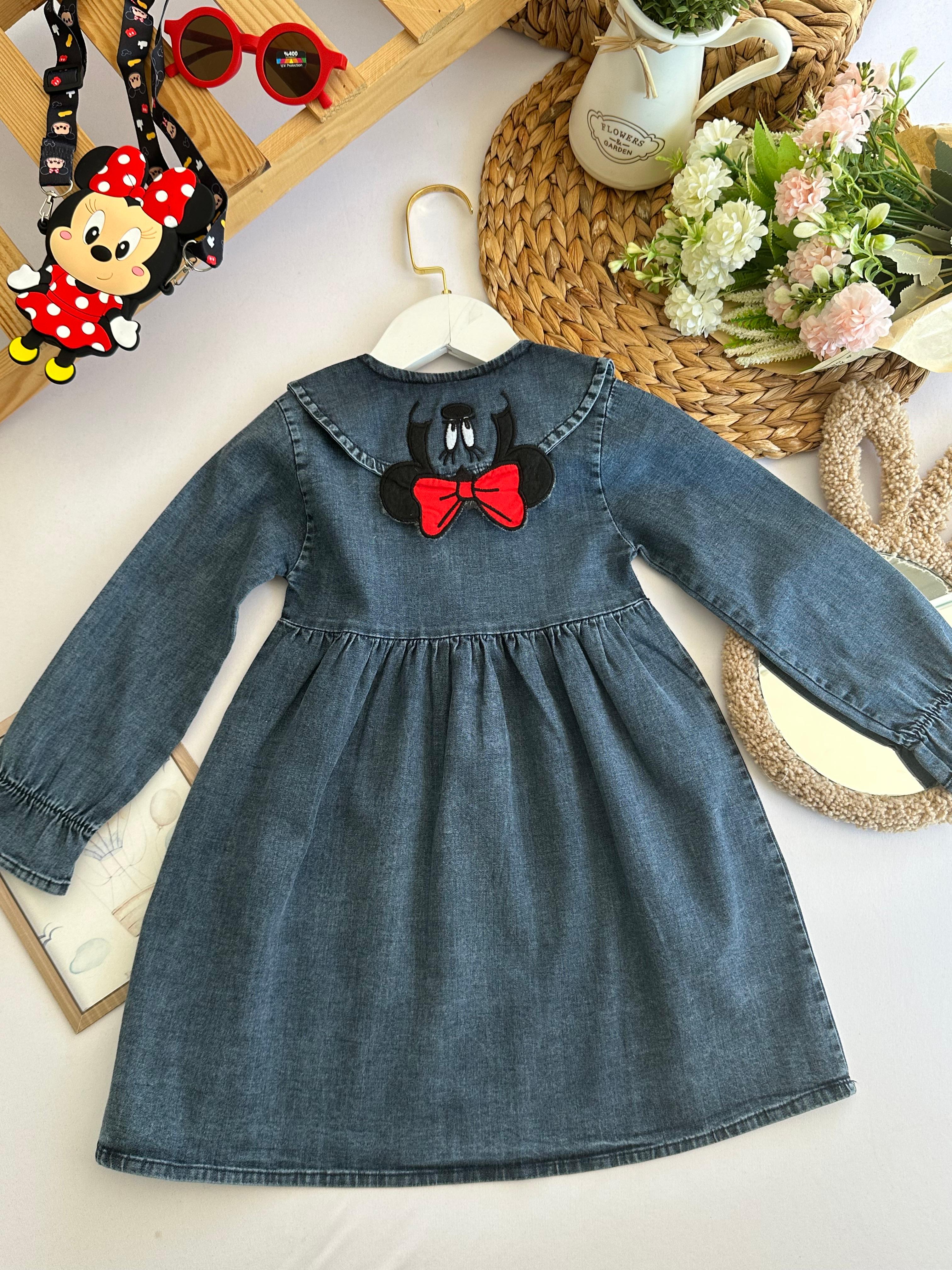 Kız Çocuk Koyu Mavi Mickey Mouse Kot Elbise