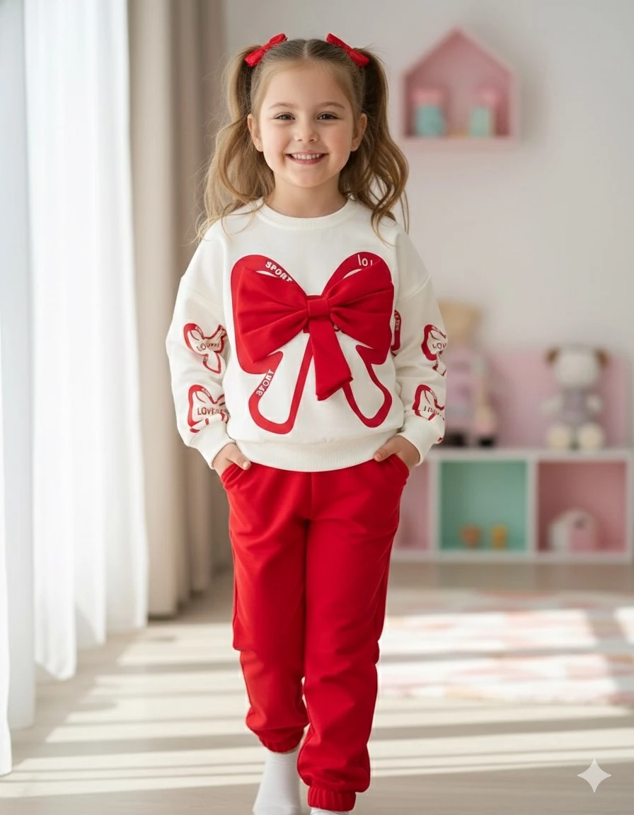 Kız Çocuk Kırmızı Fiyonklu Alt-Üst Takım