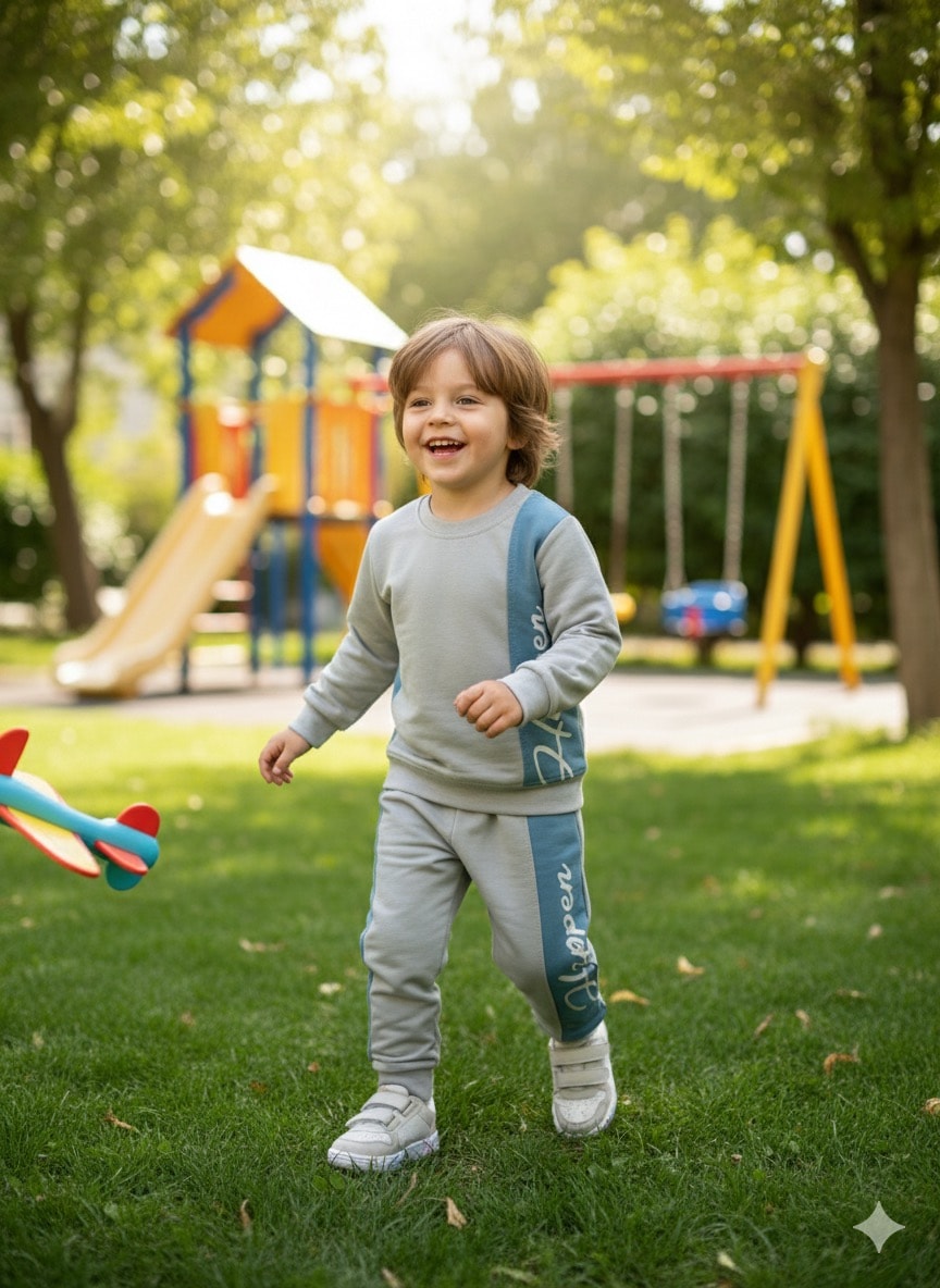 Erkek Çocuk Gri Happen Desenli Takım