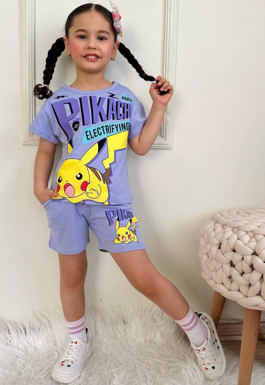 Kız Çocuk Lila Pikachu Şortlu Takım