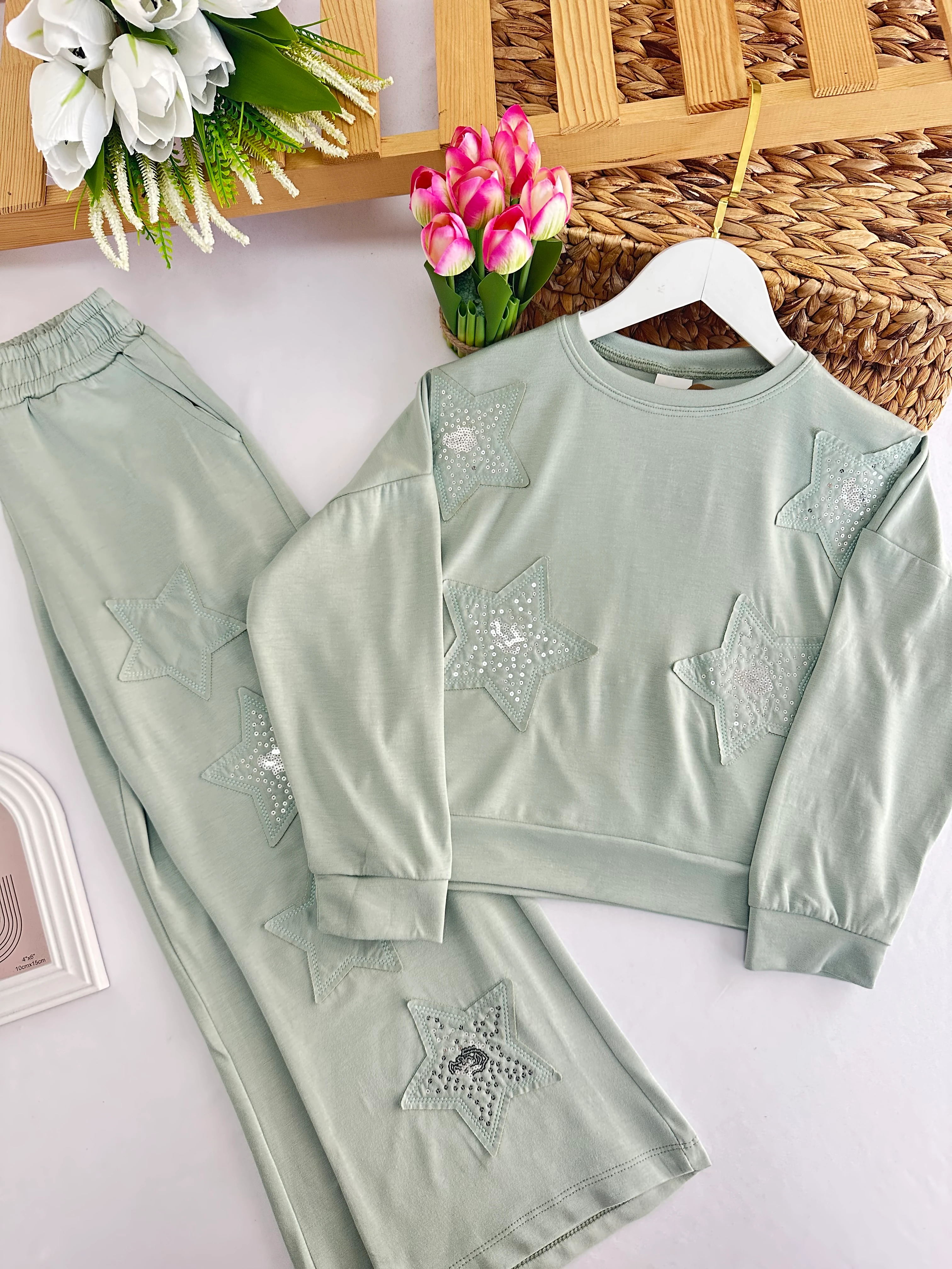 Kız Çocuk Yeşil Oysho Kumaş Yıldızlı Takım