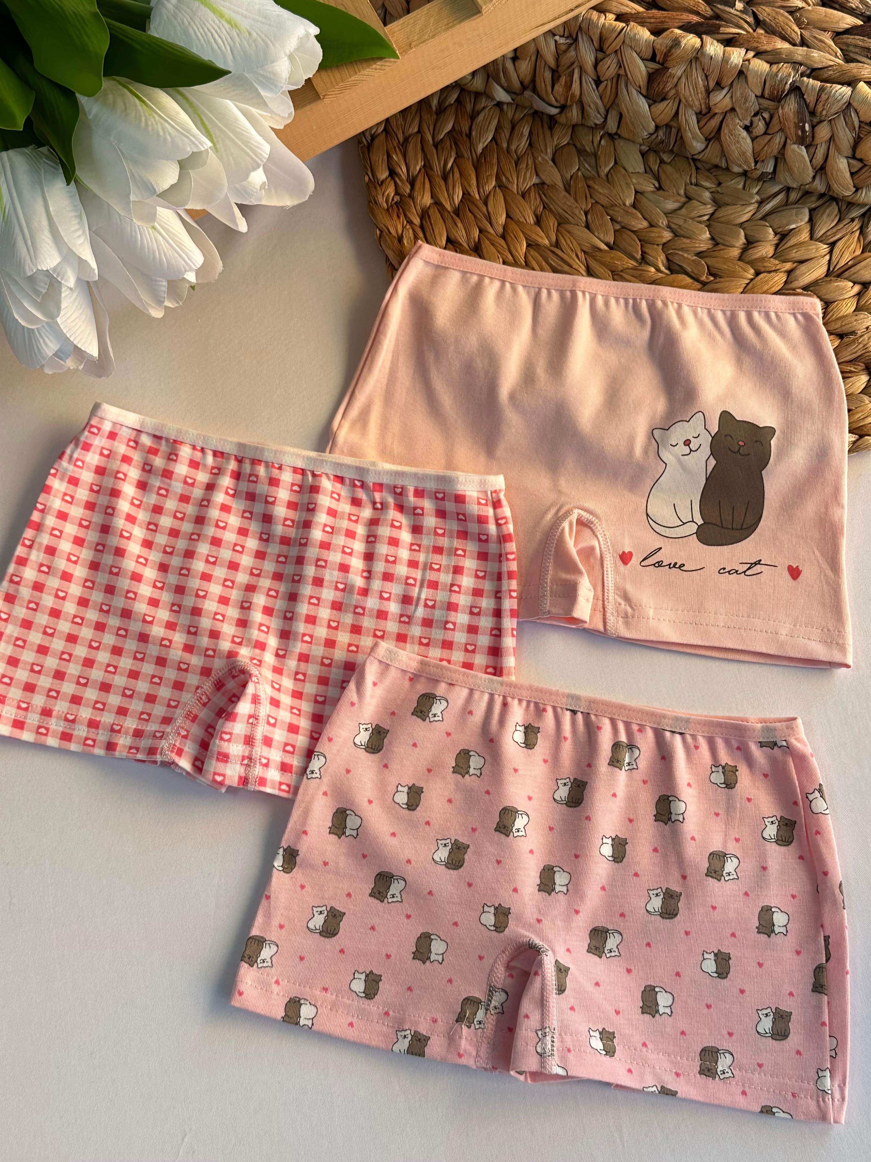 Kız Çocuk Pembe Kedi Desenli 3’lü Boxer Set