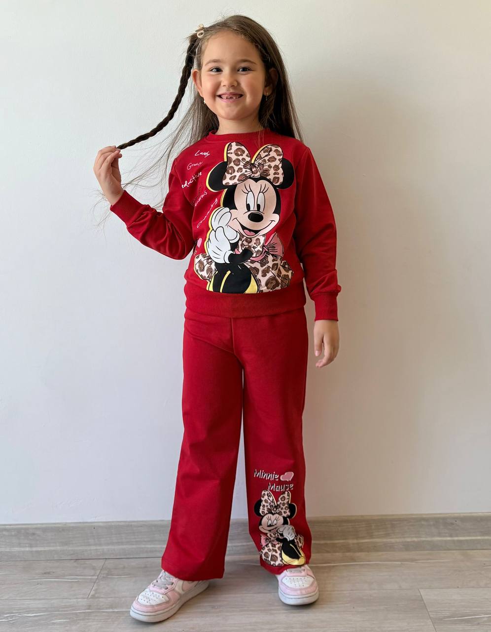 Kız Çocuk Kırmızı Minnie Leoparlı Bol Paça 2'li Takım