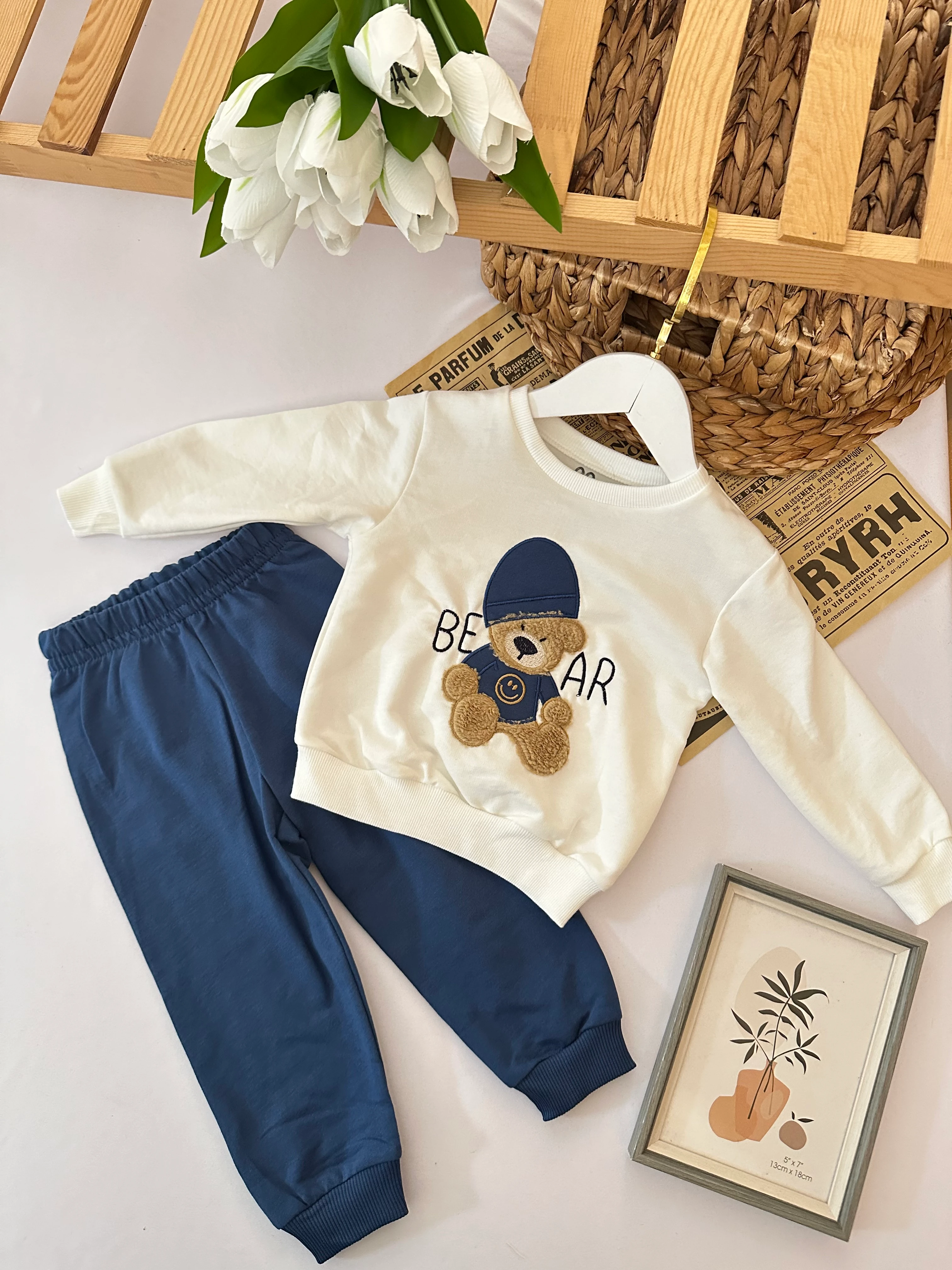 Unisex Lacivert Şapkalı Ayıcık Takım