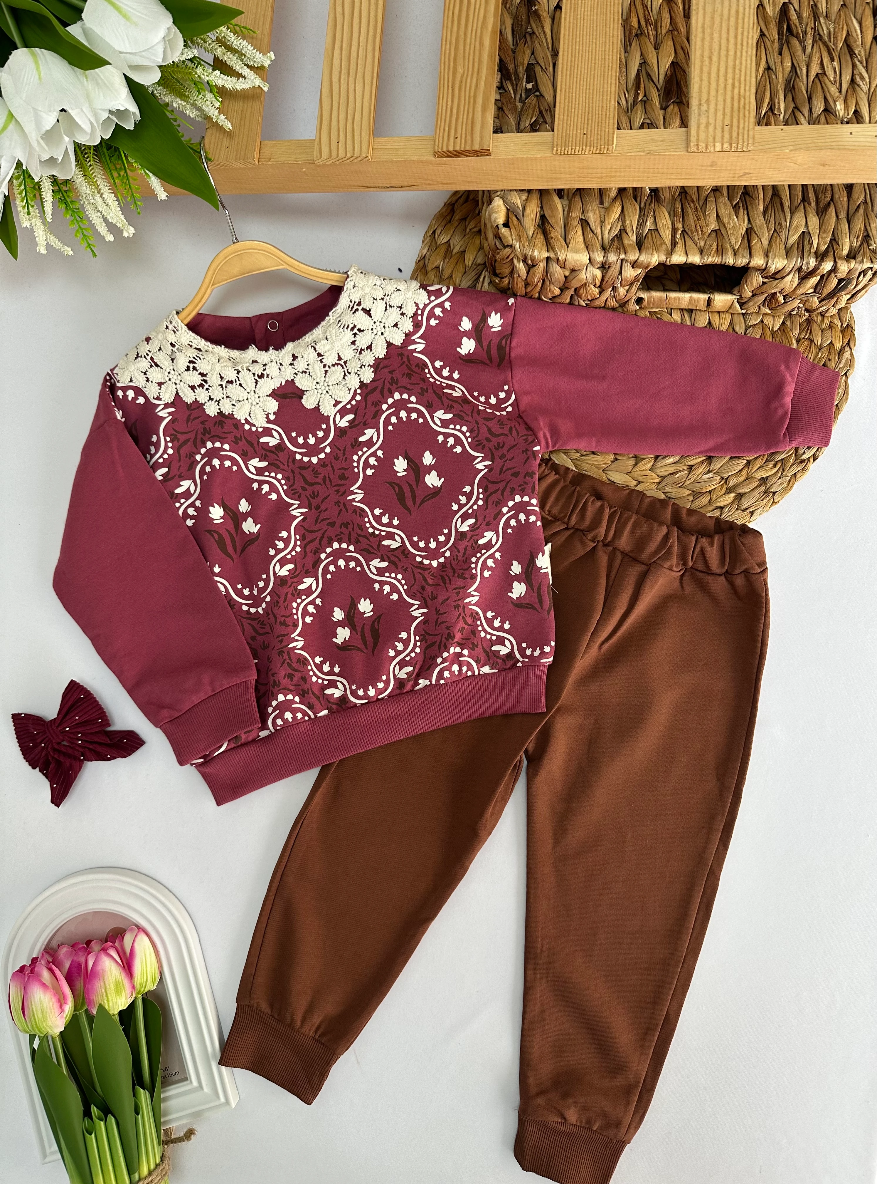 Kız Çocuk Mürdüm Çiçek Desenli Takım