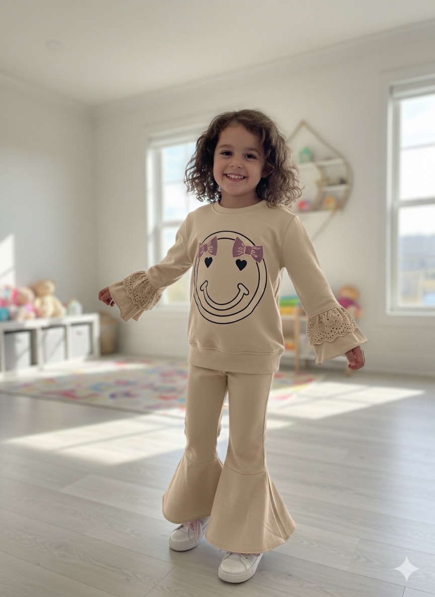 Kız Çocuk Bej Kolu Fırfırlı Gülen Yüz Takım