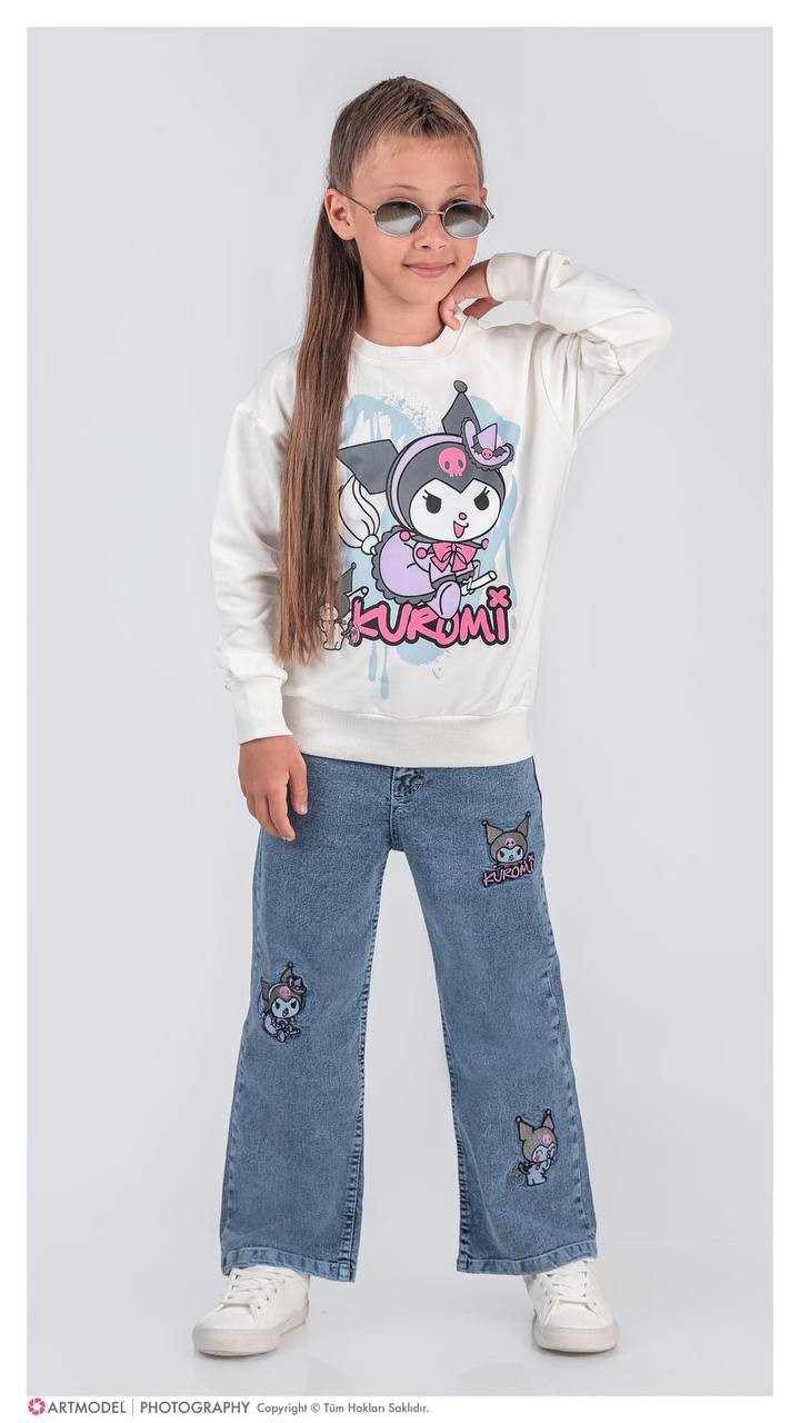 Kız Çocuk Beyaz Kuromi Kot Pantolon Sweat 2'li Takım