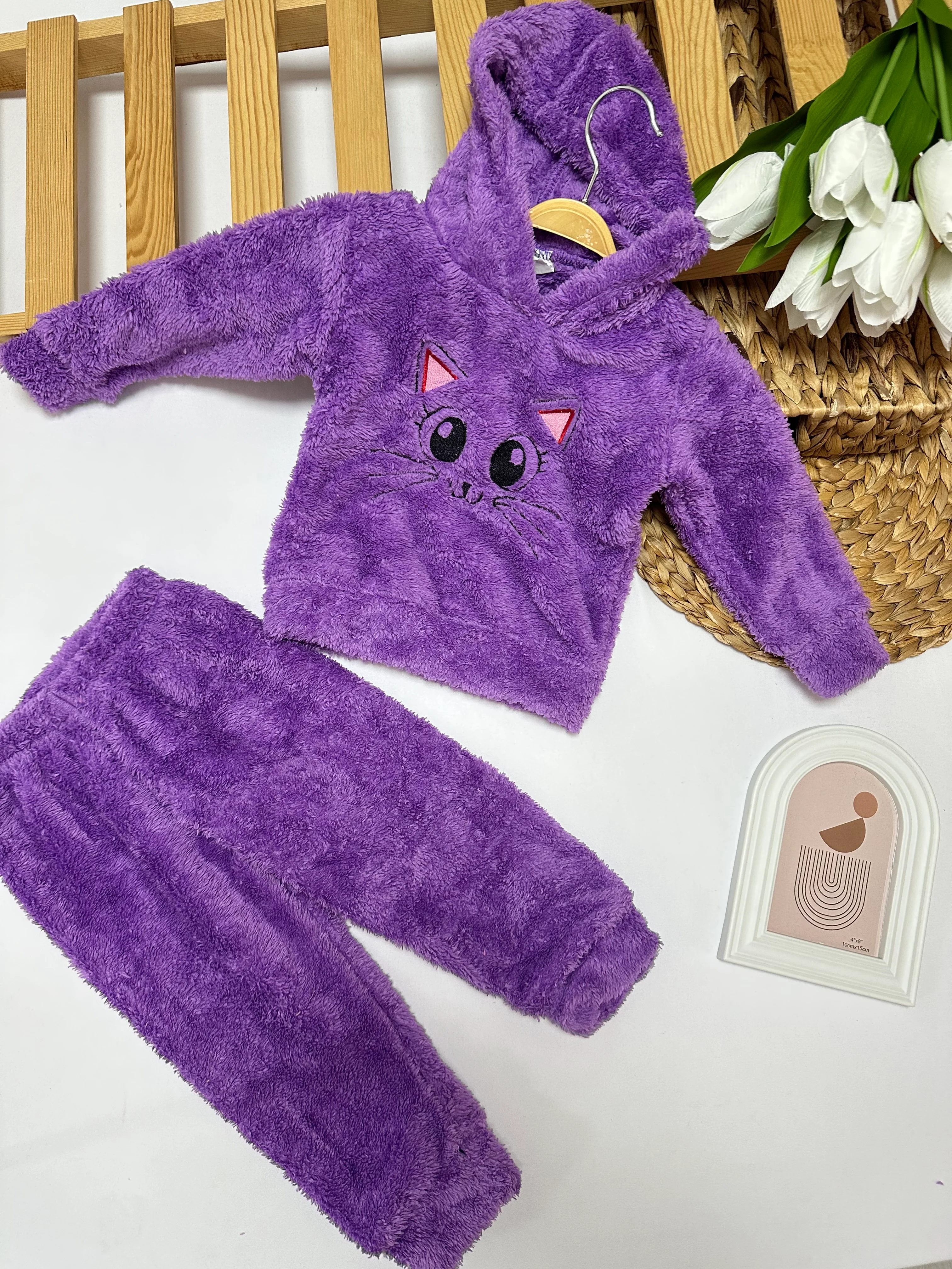 Kız Çocuk Mor Kedili Peluş Takım