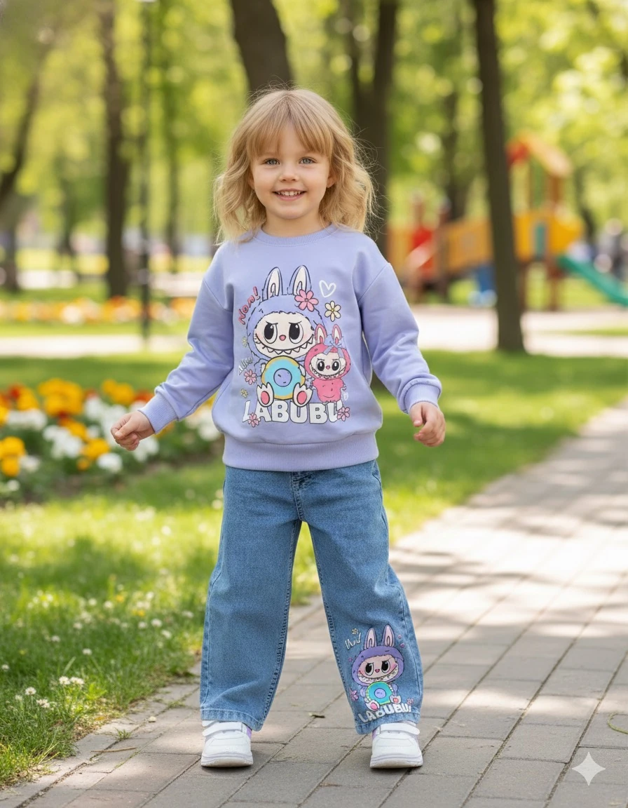 Kız Çocuk Lila Labubu Kot Pantolon Sweat 2’li Takım