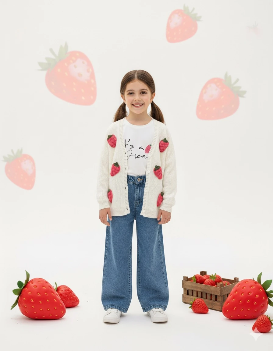 Kız Çocuk Pembe Çilek Hırkalı 3'lü Takım