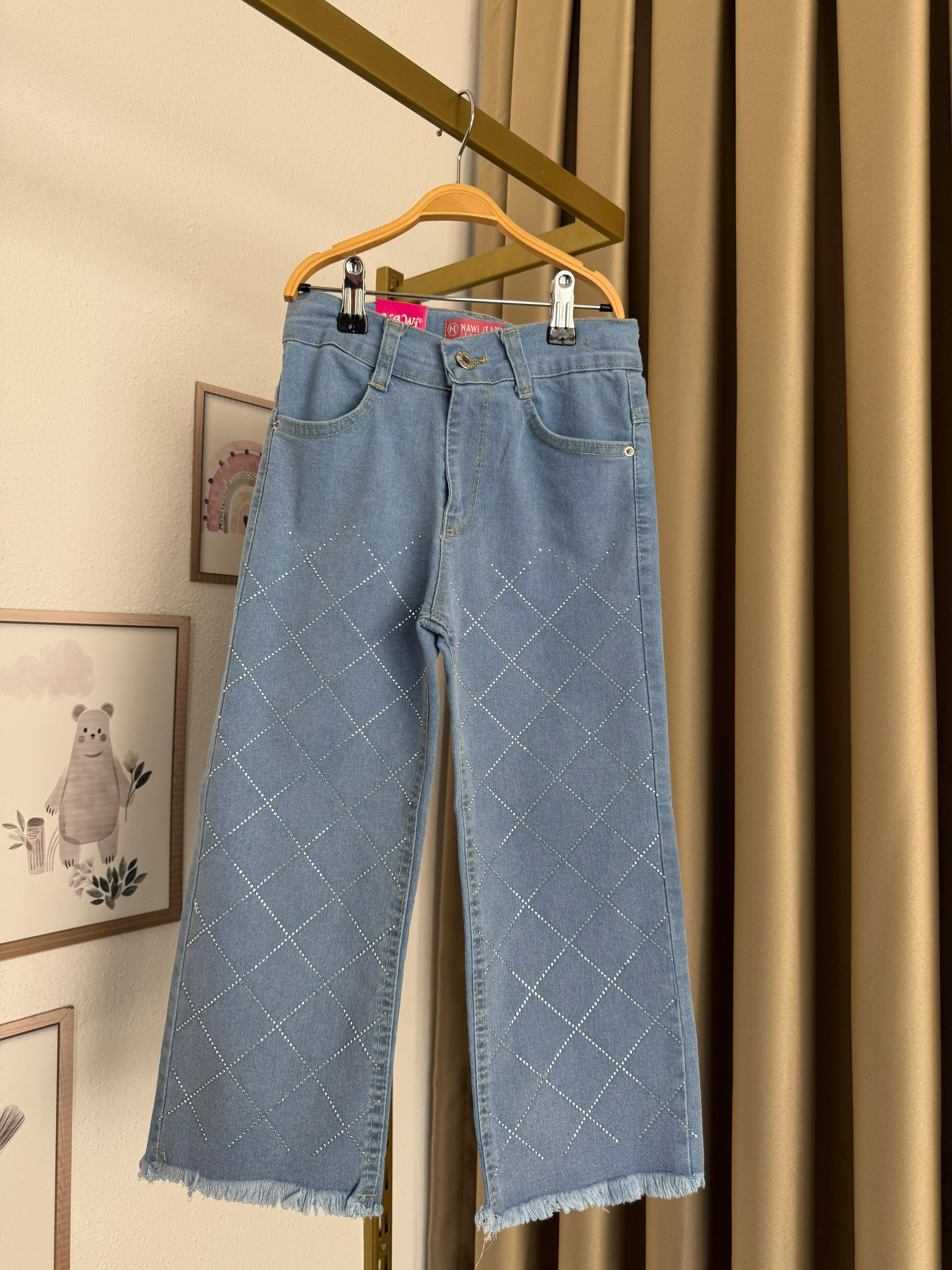 Kız Çocuk Mavi Taşlı Desenli Kot Pantolon