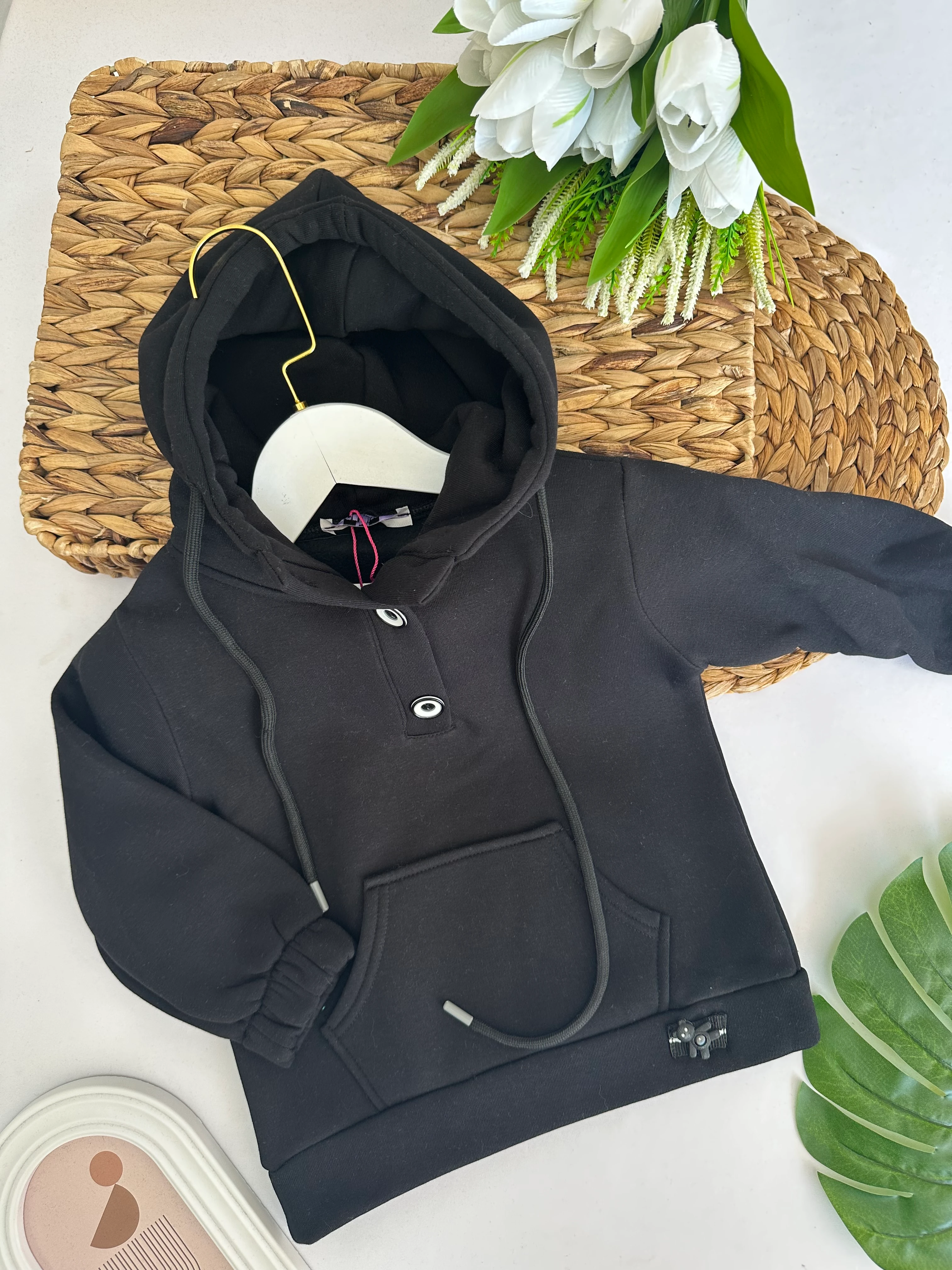 Kız Çocuk Siyah Kanguru Cep Sweat