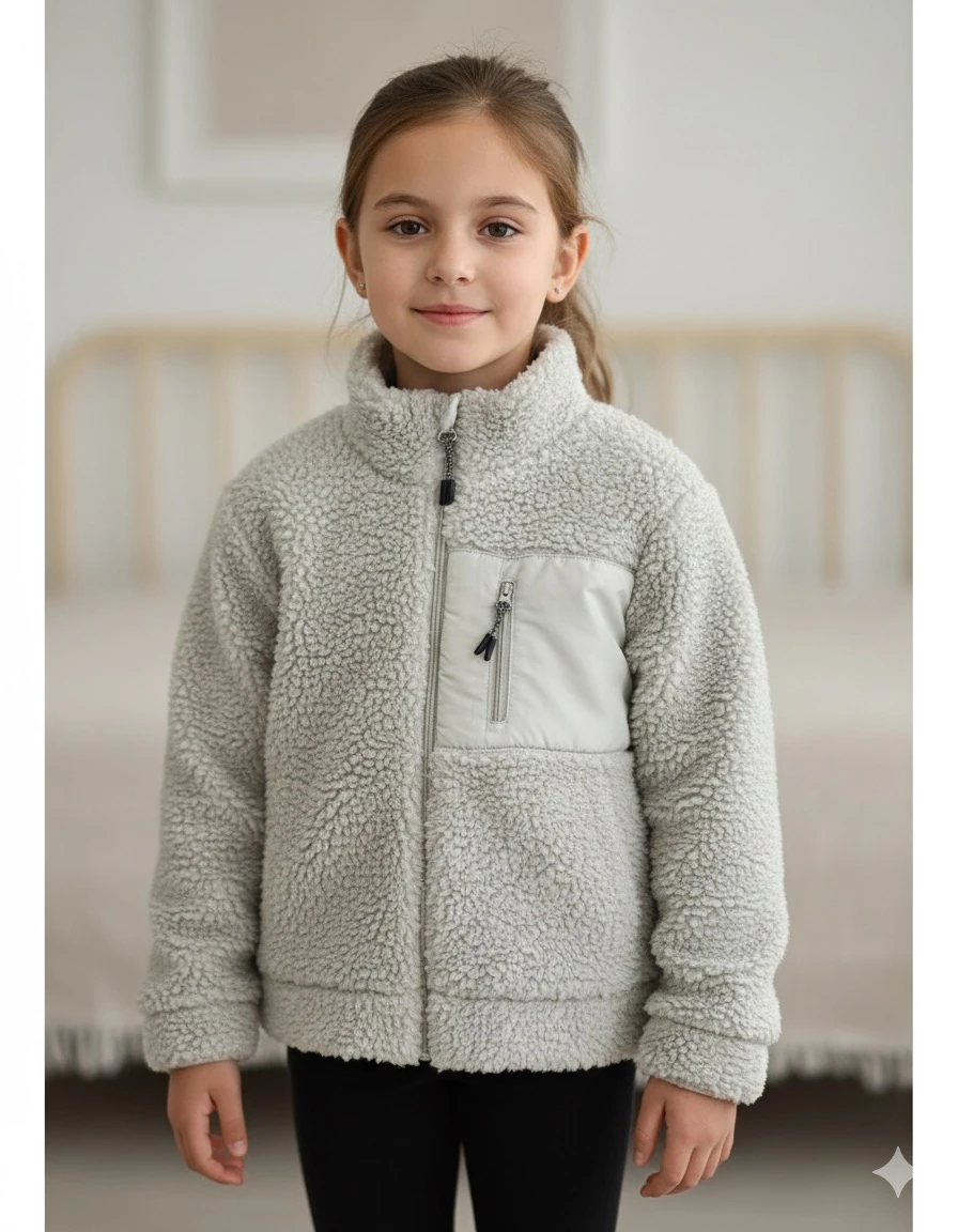 Kız Çocuk Gri Cepli Peluş Hırka