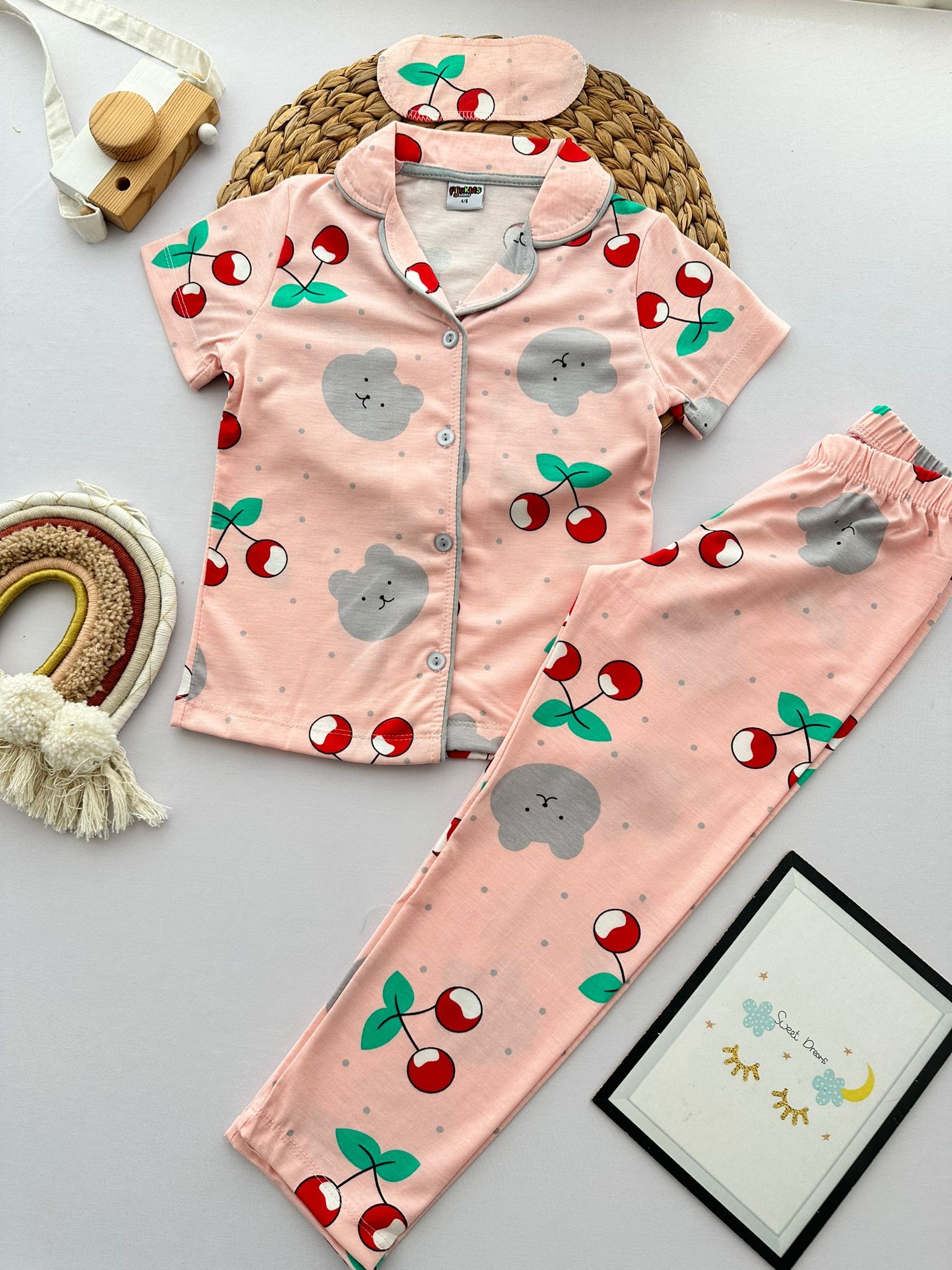 Kız Çocuk Kiraz Desenli 3'Lü Pijama Takım