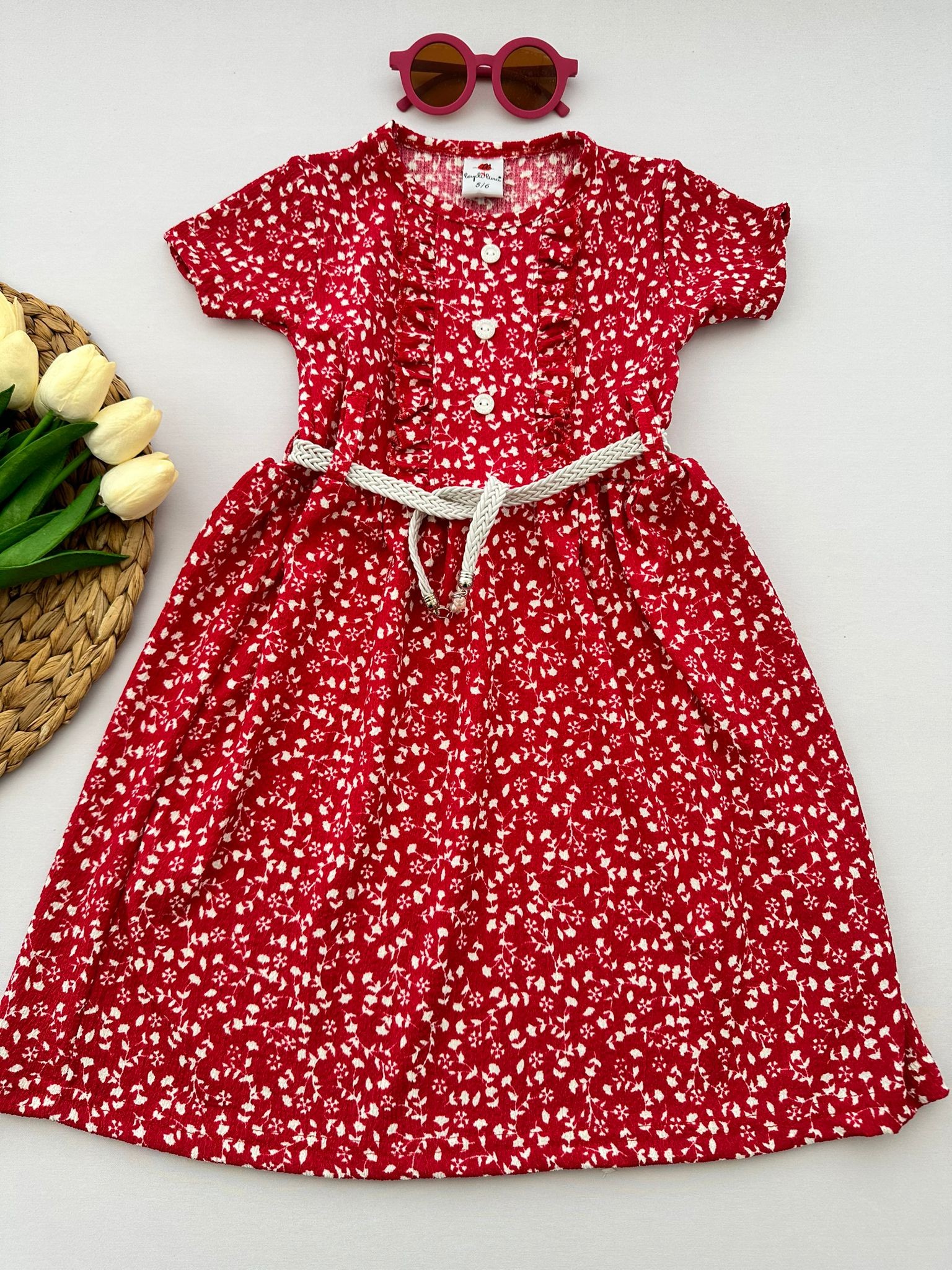 Kız Çocuk Kırmızı Çiçekli Leydi Bürümcük Elbise