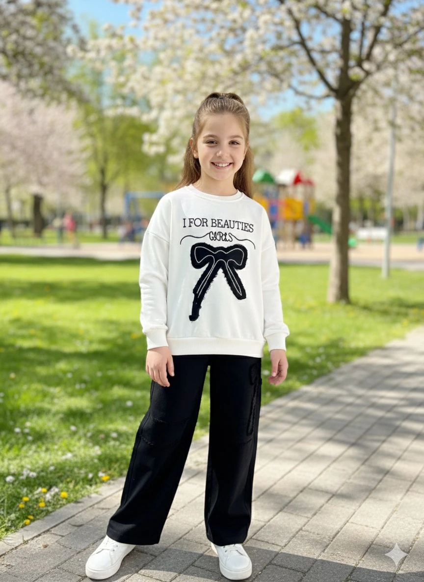 Kız Çocuk Siyah Kurdele Pantolonlu Takım