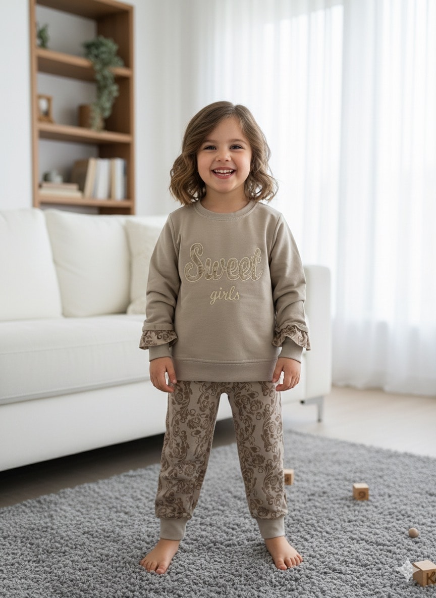 Kız Çocuk Vizon Sweet Goal Desenli Takım