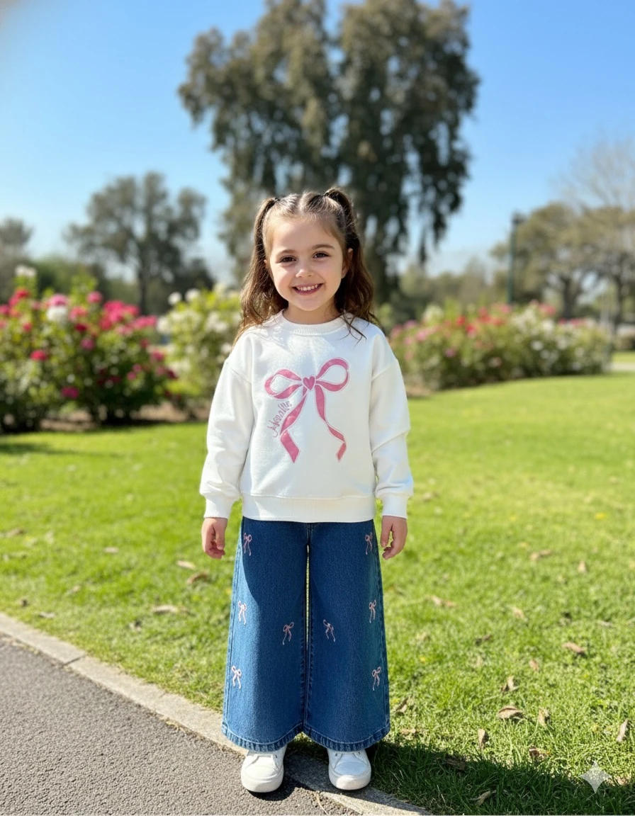 Kız Çocuk Beyaz Fiyonklu Kot Pantolonlu Takım