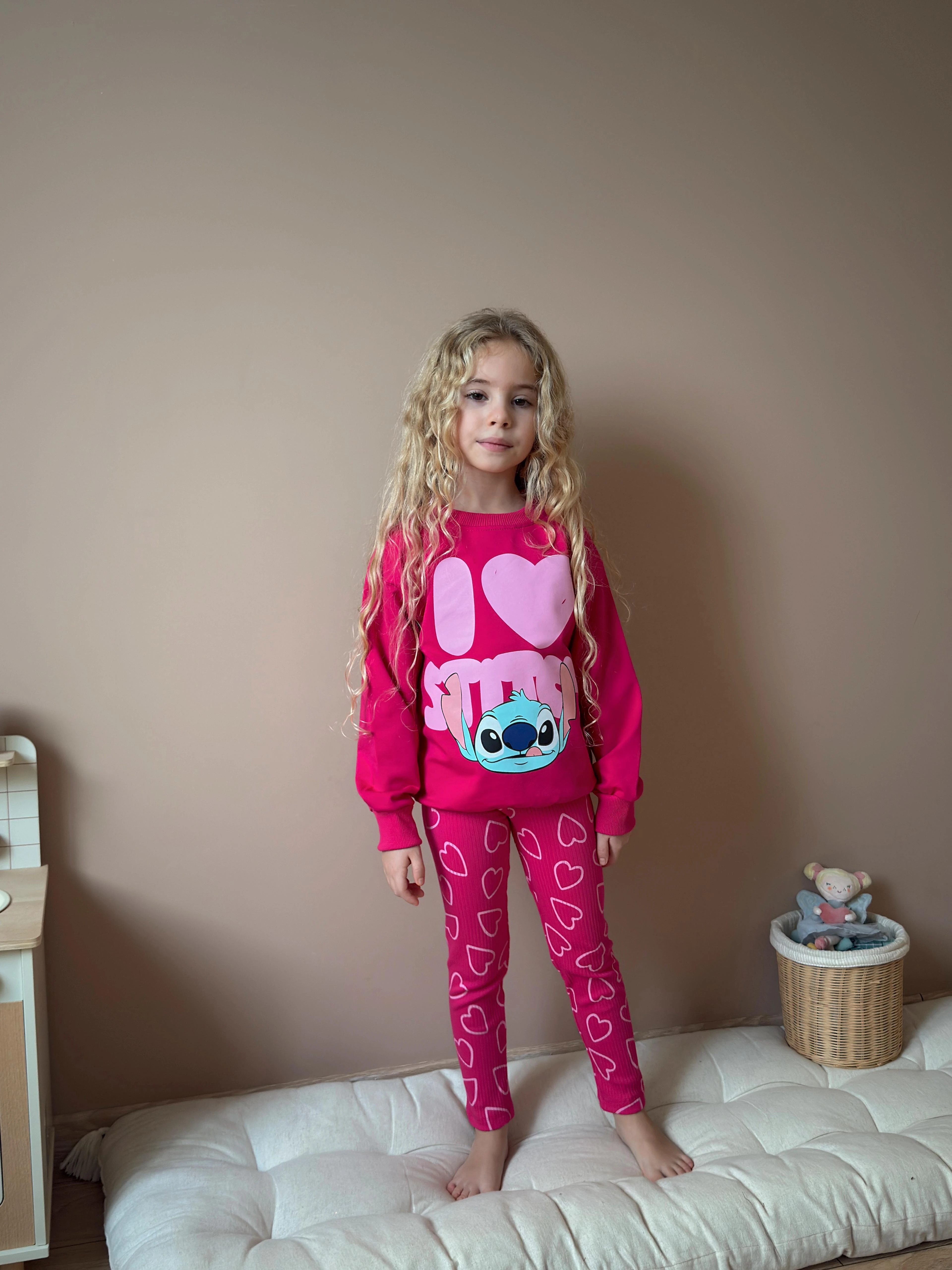 Kız Çocuk Fuşya Stitch Taytlı Takım