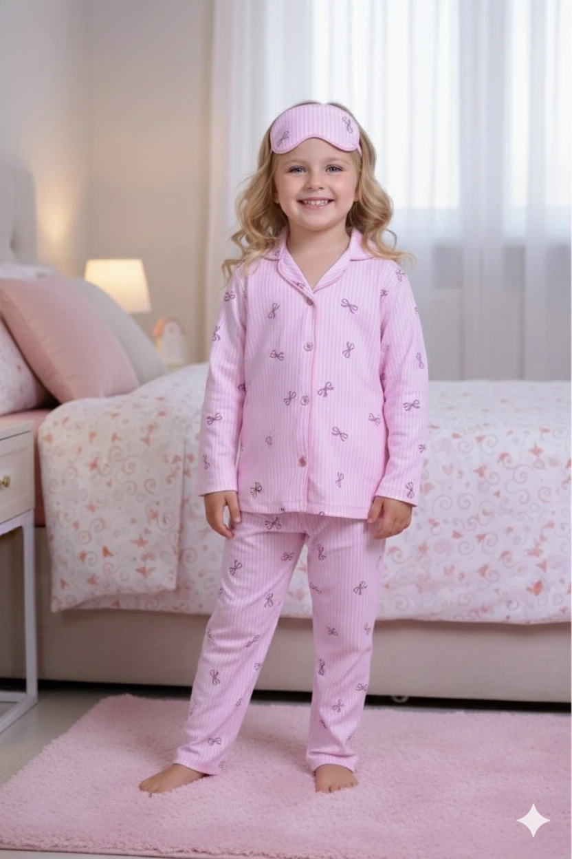 Kız Çocuk Fiyonklu Uyku Bandı Hediyeli Pijama Takımı