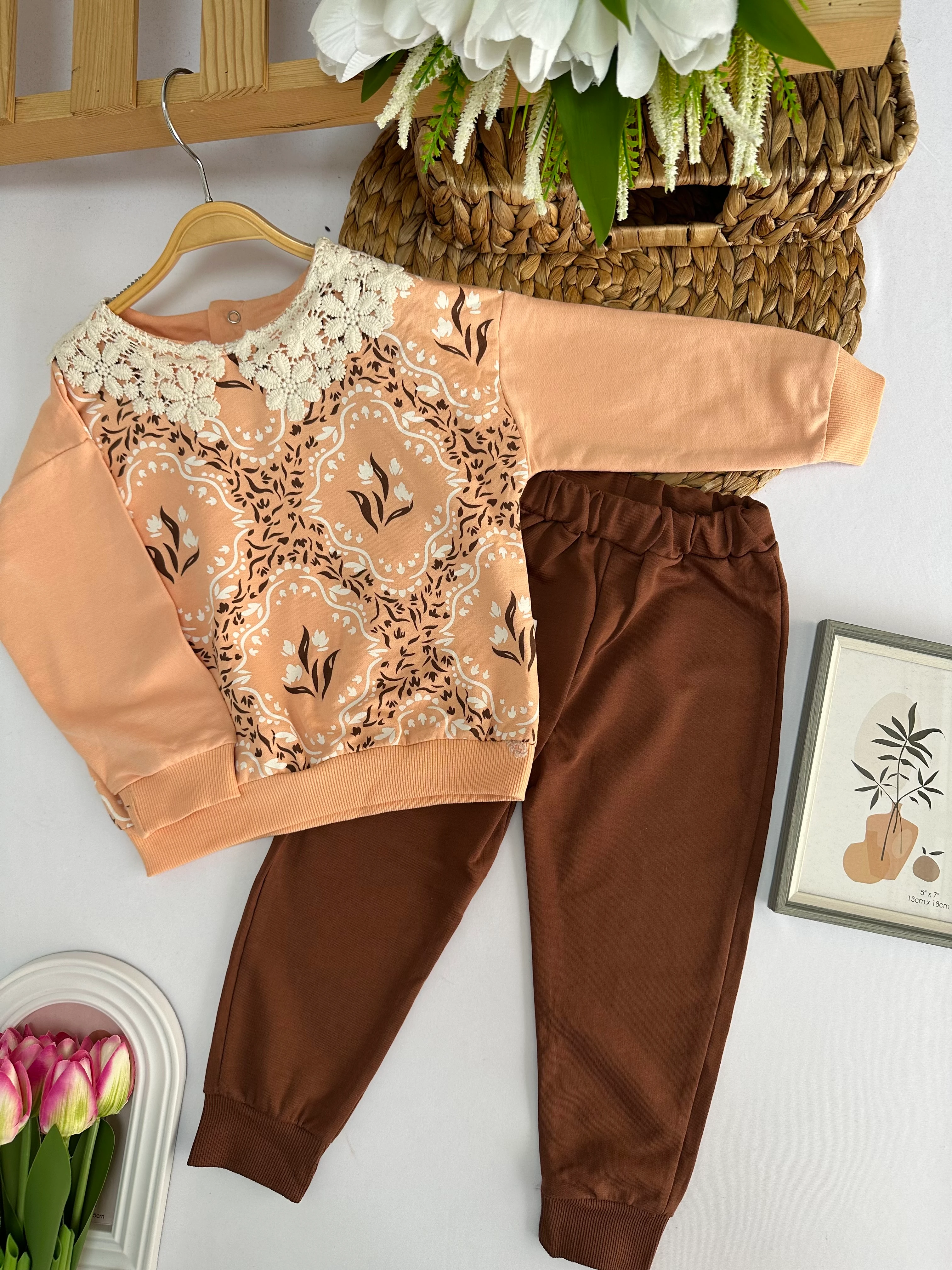 Kız Çocuk Somon  Çiçek Desenli Takım