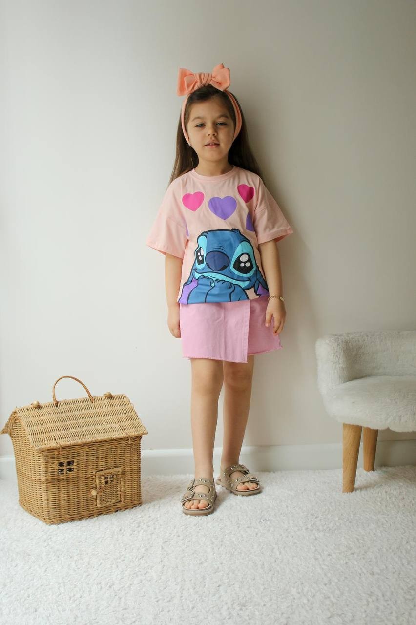 Kız Çocuk Pembe Kalpli Stitch Takım