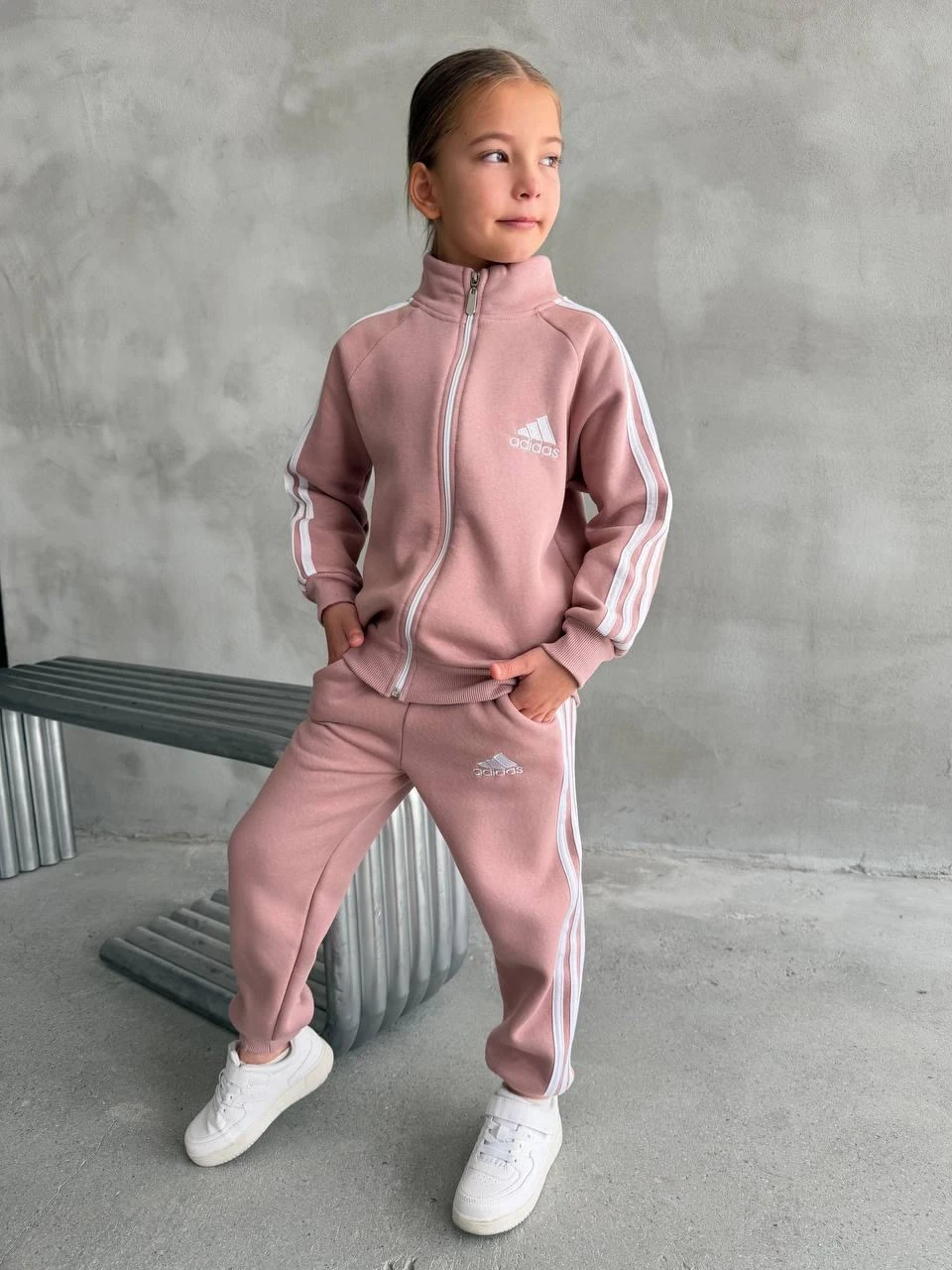 Kız Çocuk Pudra Şeritli Fermuarlı Takım