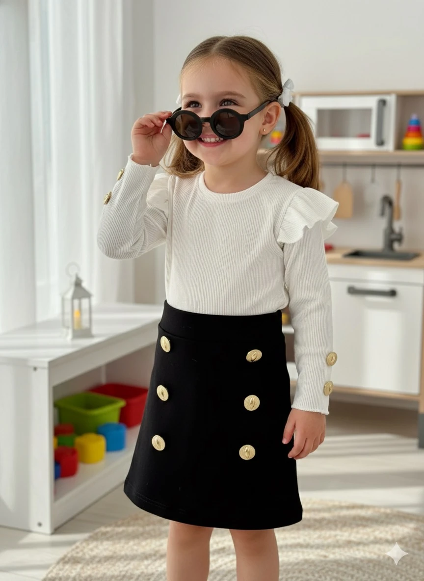 Kız Çocuk Siyah Düğmeli Etek Badi 2'li Takım
