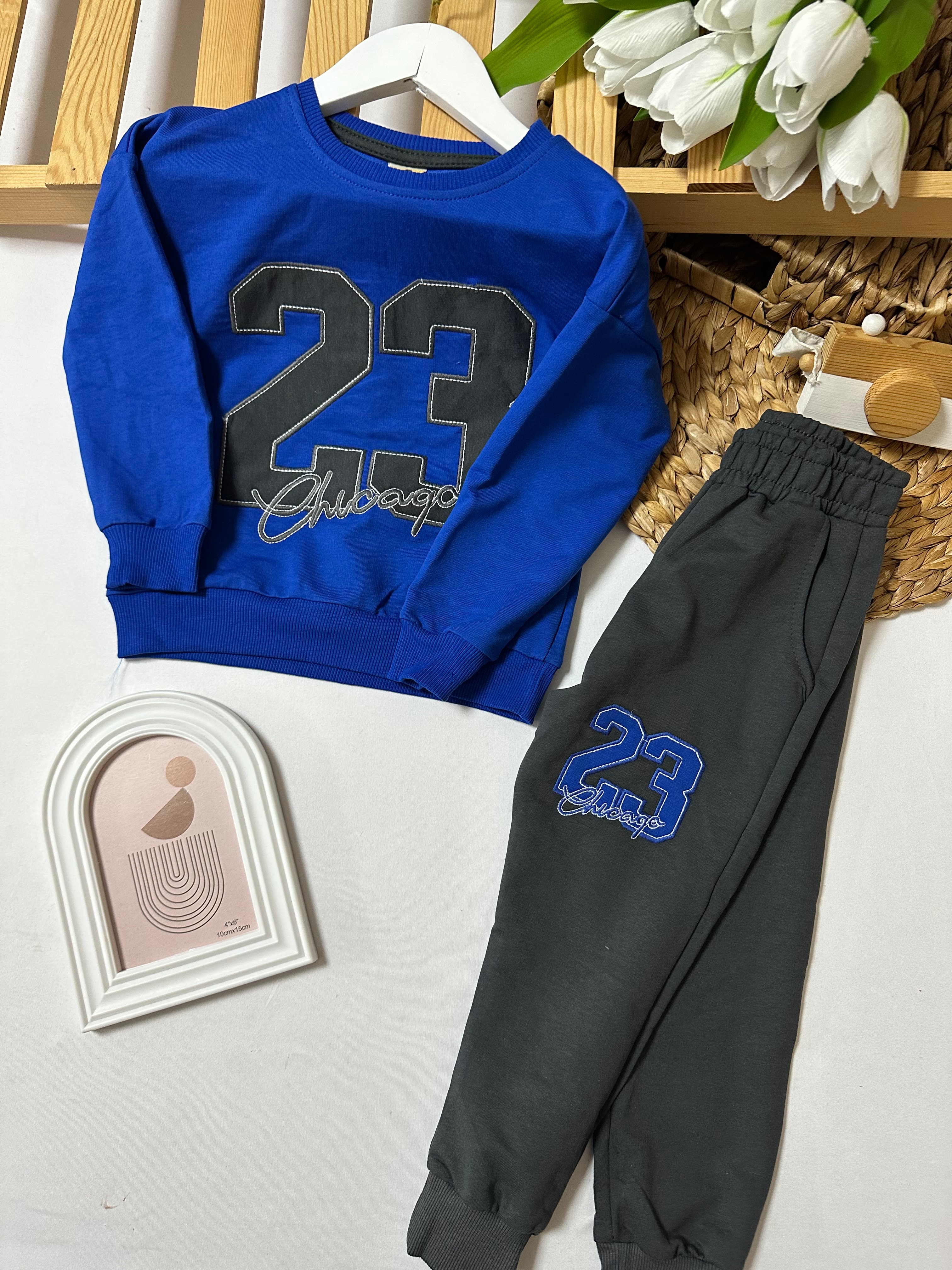 Erkek Çocuk Saks Mavii Rakam Desenli 2'li Takım