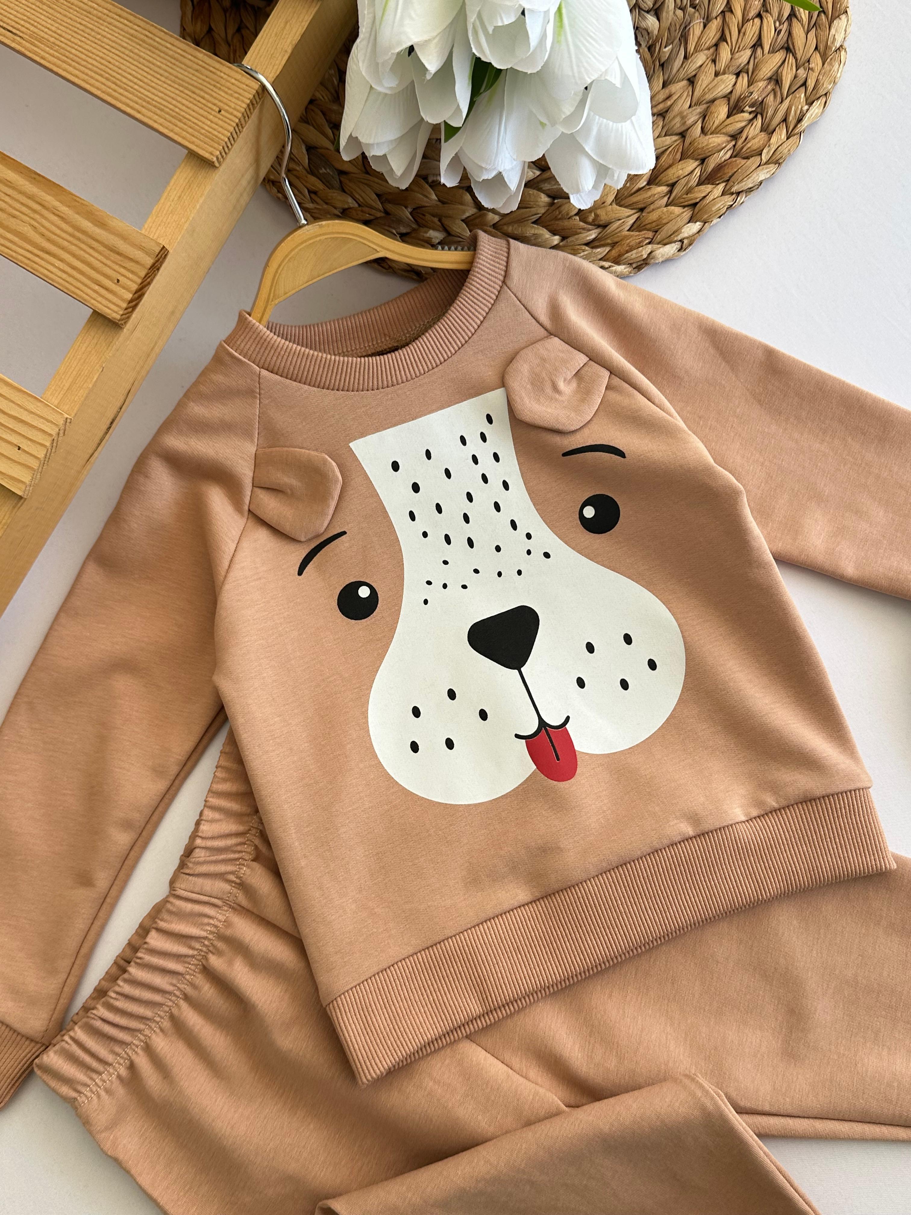 Unisex Sütlü Kahve Köpekcik Baskılı Takım