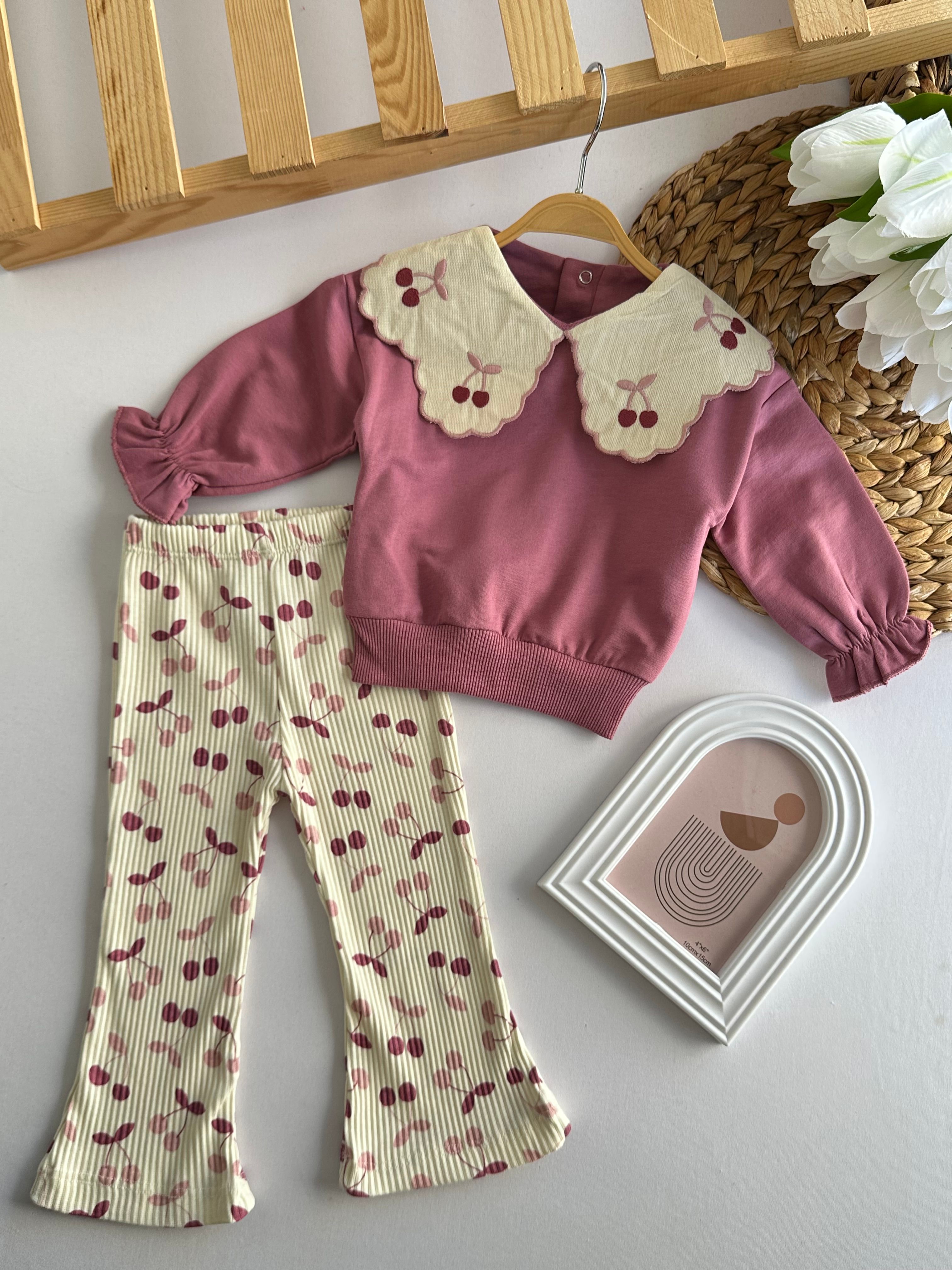 Kız Bebek Mürdüm Kiraz Desenli Bebe Yaka Takım 
