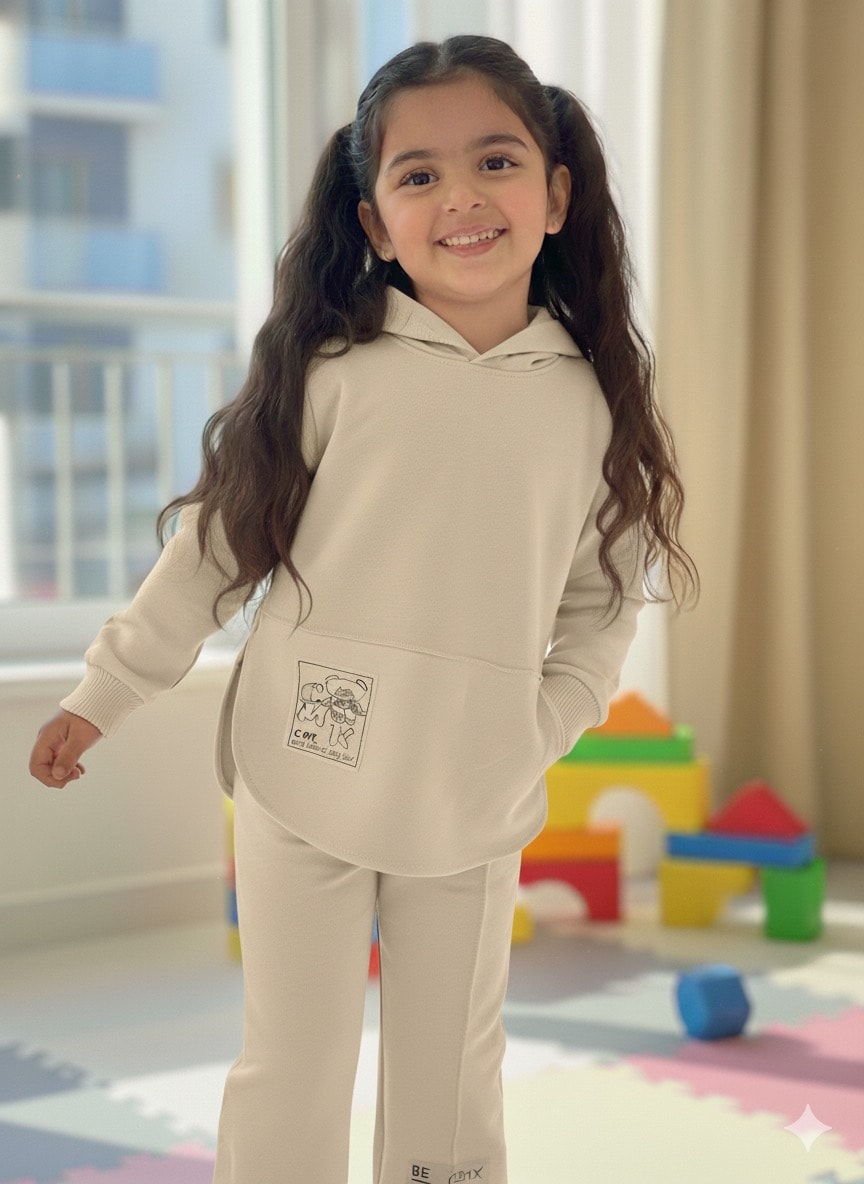 Kız Çocuk Ekru Ayıcık Desenli Takım