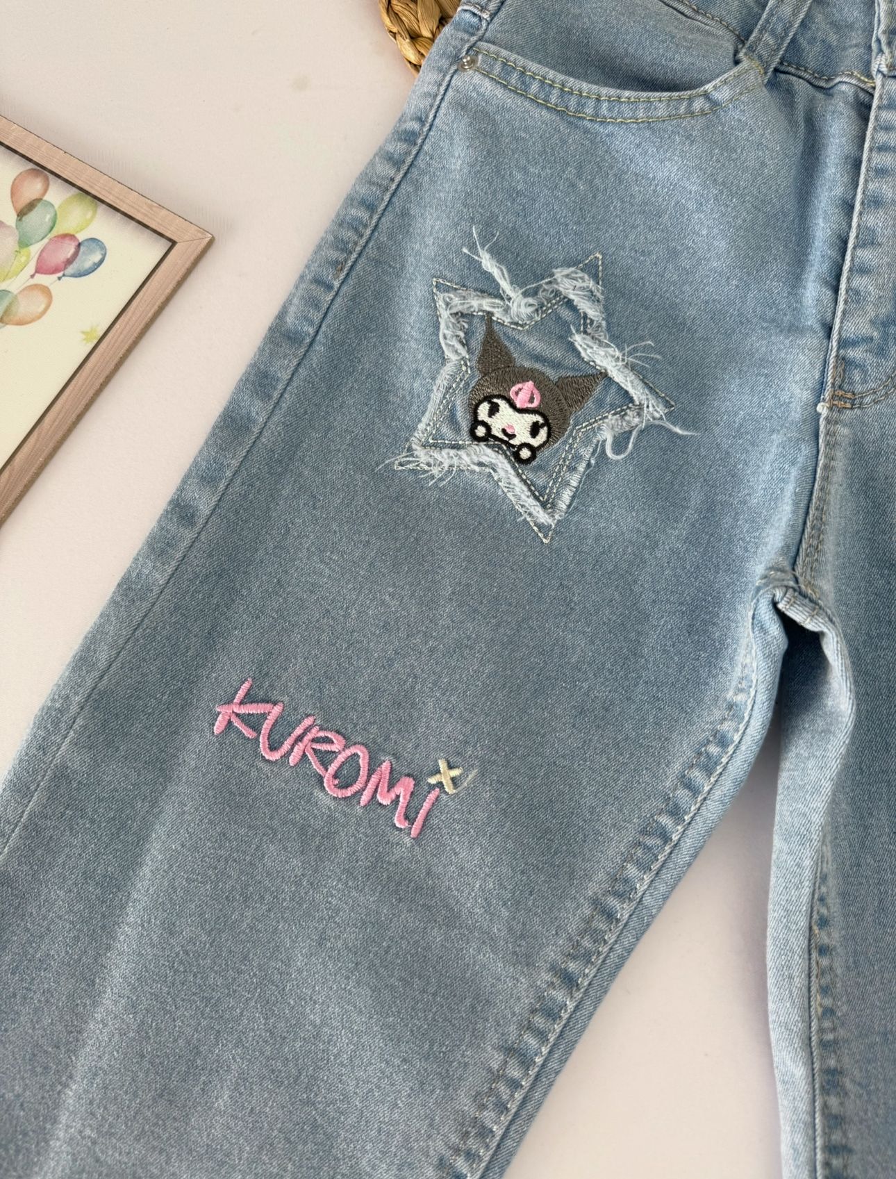Kız Çocuk Mavi Kuromi Yıldız Desenli Kot Pantolon