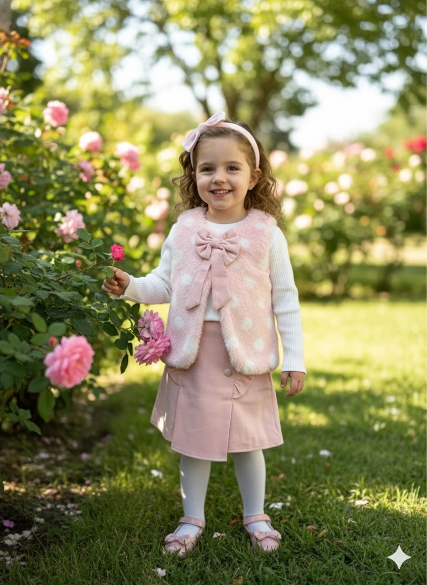Kız Çocuk Toz Pembe Peluş Yelek Şort Etekli Takım