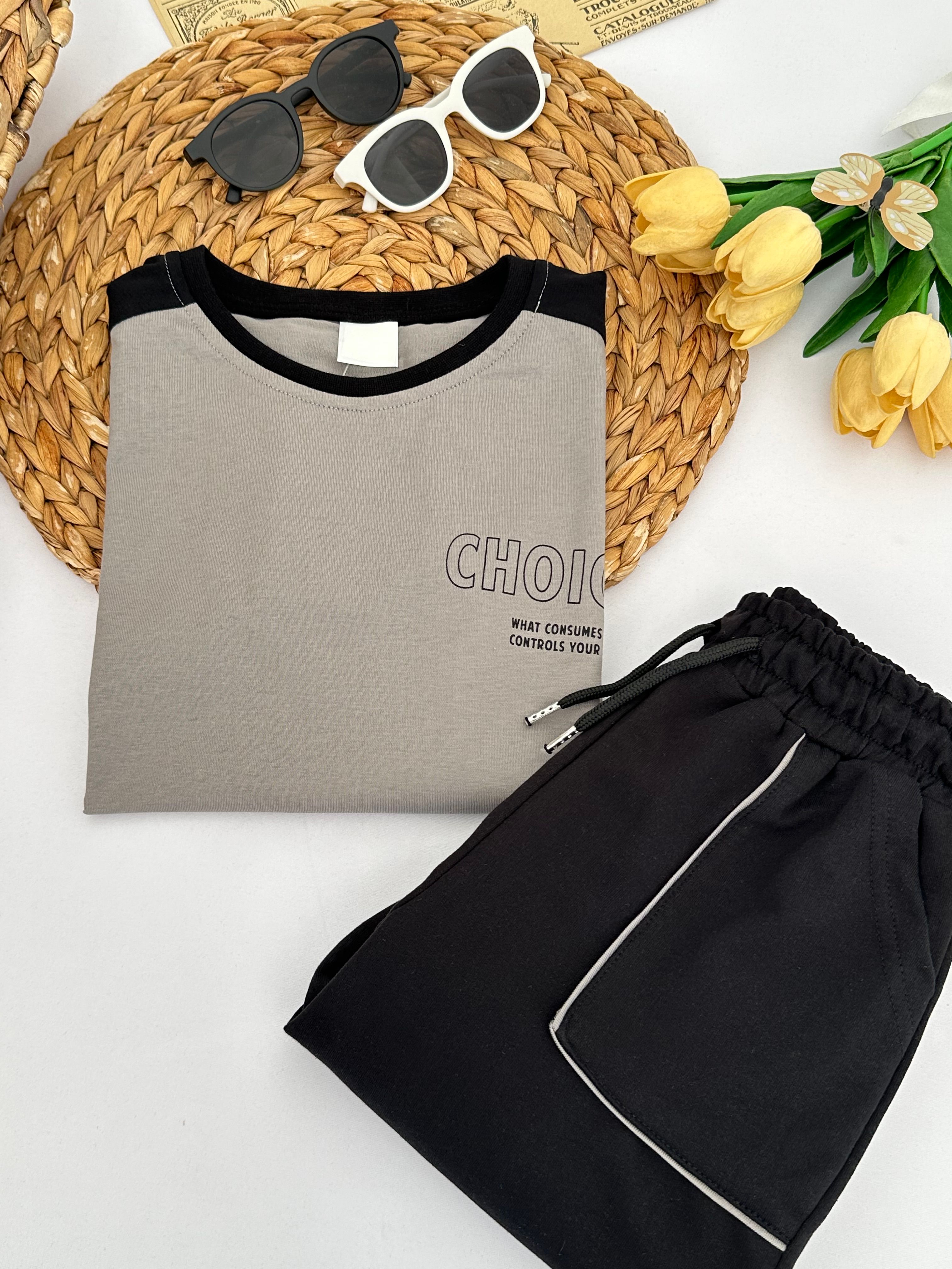 Erkek Çocuk Gri Choices Yazılı Şortlu Takım