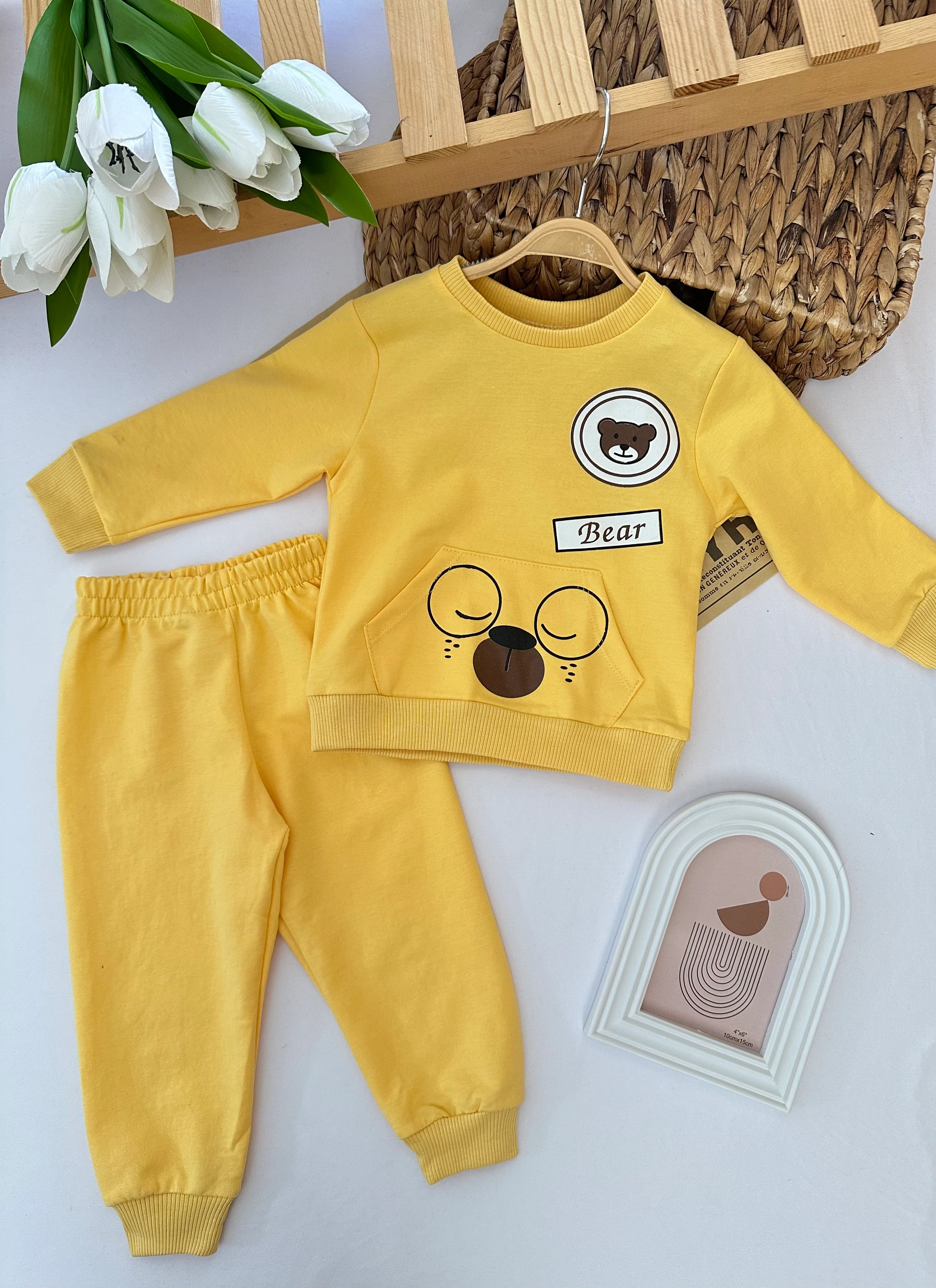 Unisex Sarı Ayıcık Baskılı Takım