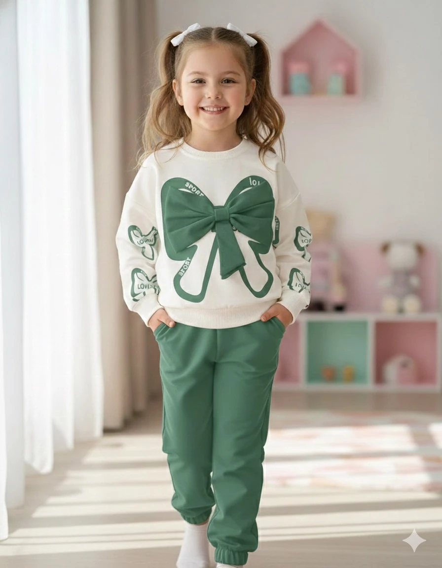 Kız Çocuk Yeşil Fiyonklu Alt-Üst Takım