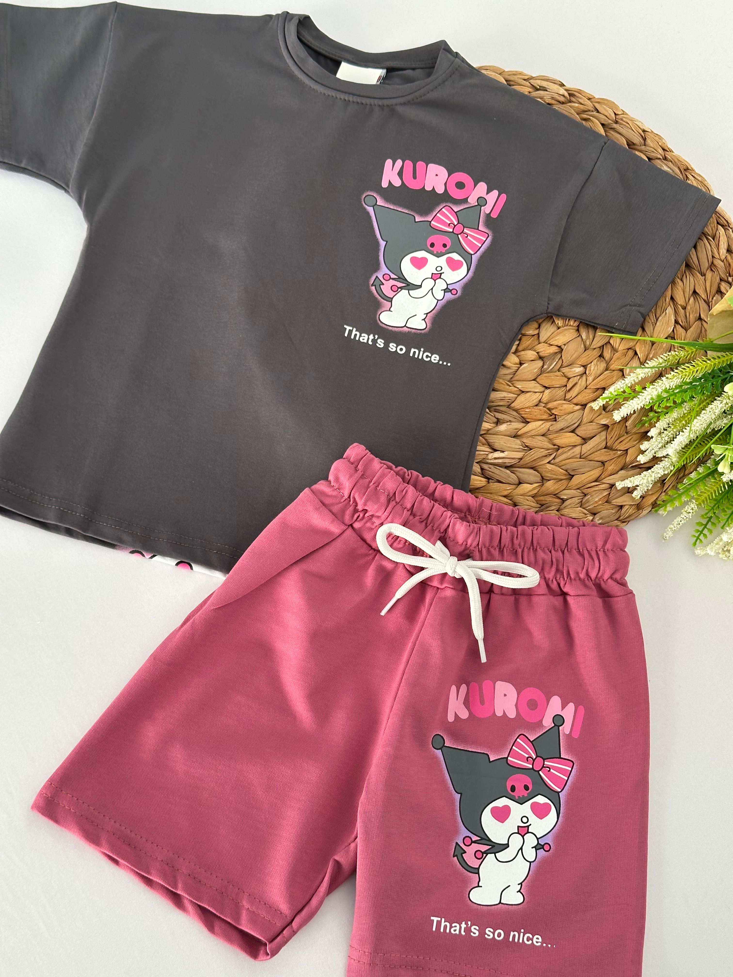 Kız Çocuk Füme Kuromi Baskılı Şortlu Takım