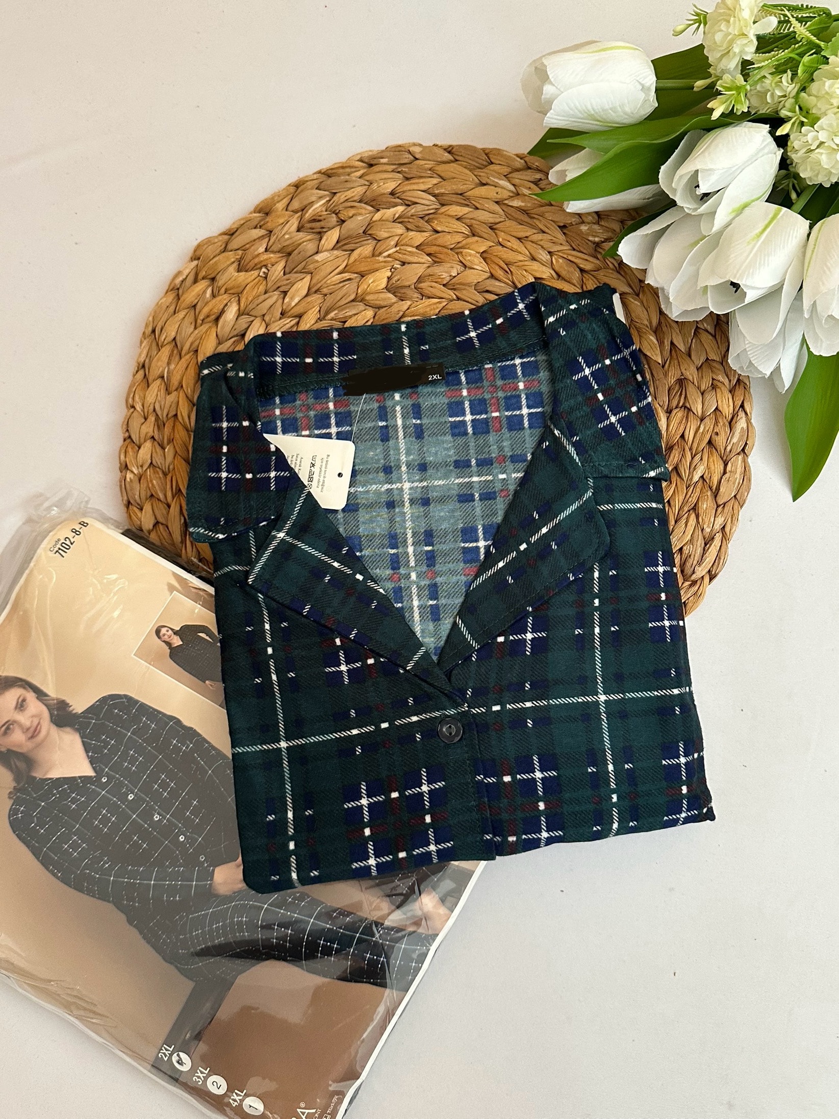 Yeşil Lacivert Ekose Desenli Süet Battal Boy Kadın Pijama Takımı