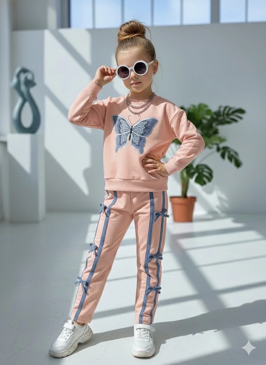 Kız Çocuk Pembe Kelebek Desenli Alt-Üst Takım